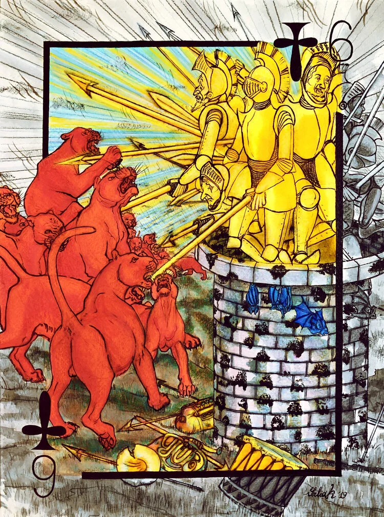 Nine of Clubs. Yellow Knights Fighting Red Panthers. Watercolor, ink, color pencil on paper 12"x9" $800