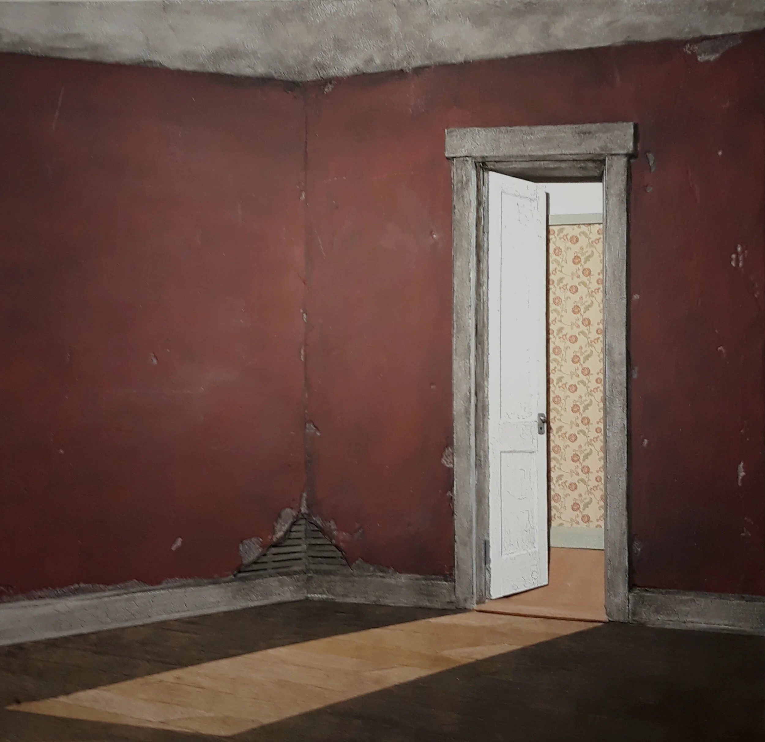 Light Spilling Into Dark Red Room Mixed media 24"x24"x1.5" $1,300