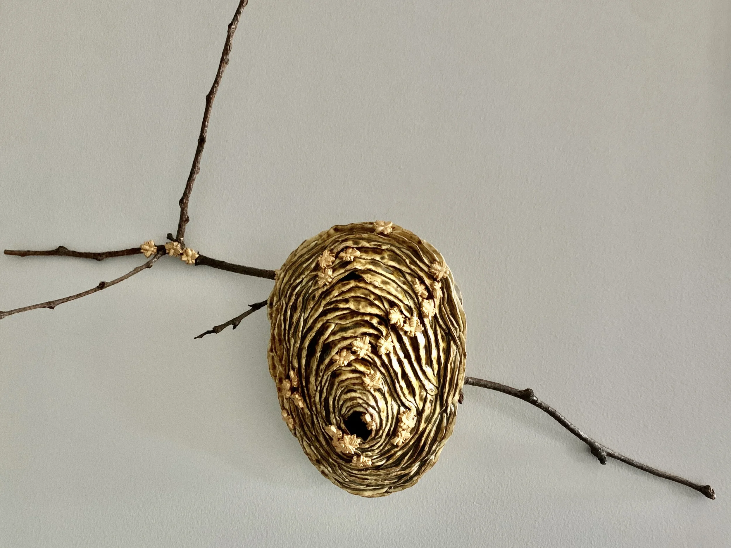 Honey...I'm Home Glazed ceramic, gold leaf paint, mixed media 24”x24”x5” $400