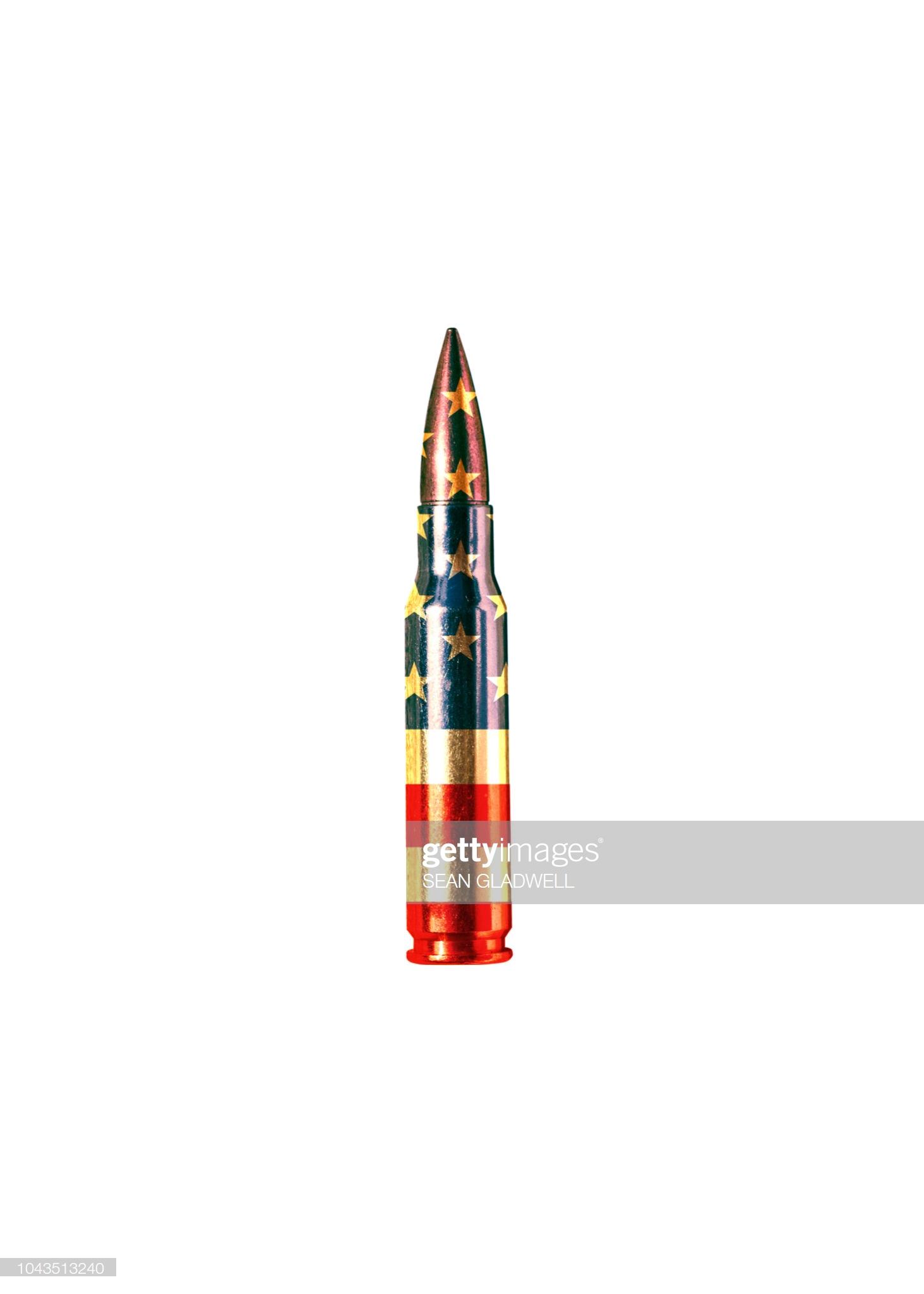 A single bullet coloured with american flag on white background