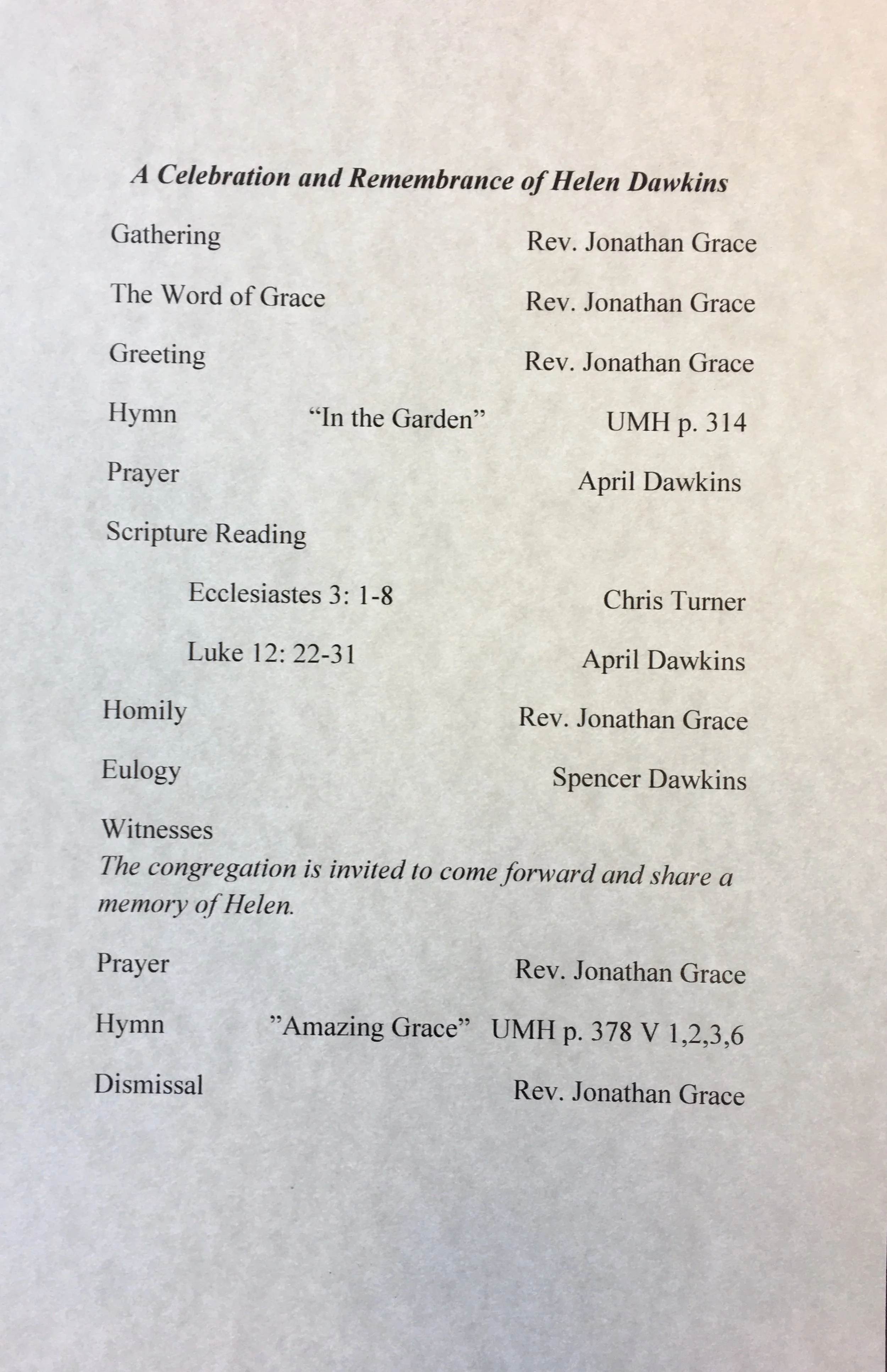 A Celebration &amp; Remembrance of Helen Dawkins