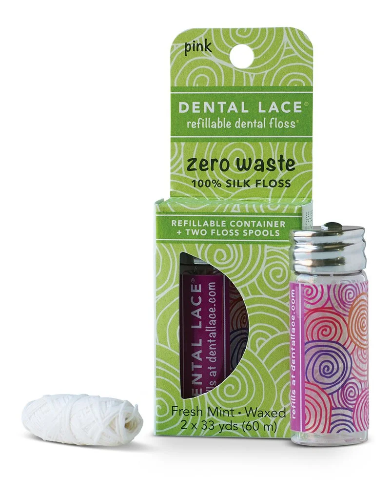 Dental Lace Dental Lace is a refillable dental floss and 99% zero waste product. A glass container with a stainless-steel cap holds floss that is 100% Mulberry silk. The refill bags are certified compostable and the boxes are 100% post-consumer paperboard. The container can be re-used, the bags composted, the boxes recycled and the floss biodegrades. The only waste is the waterproof label on the container, which stays on the reusable container.
