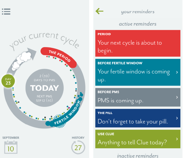 Clue Period Tracker App Clue is a period tracker and ovulation app that uses science and data to help you discover the unique patterns in your menstrual cycle . ... + Get calendar reminders before your next period , PMS and ovulation. + Track sex, pain, moods, cervical fluid, and more. + Log your birth control, or plan for pregnancy.