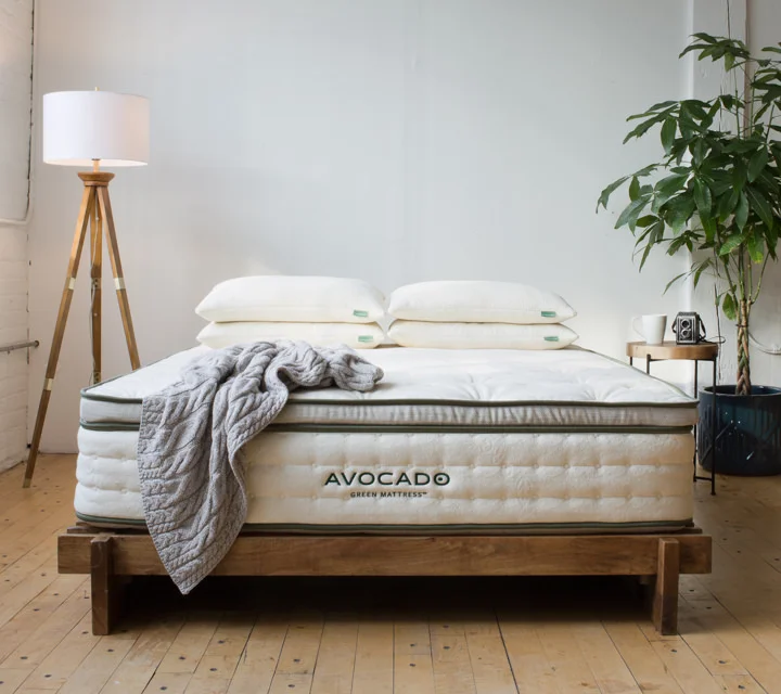 Avocado Green Mattress Our natural mattress features 100% natural latex rubber, natural wool, certified organic cotton and up to 1,414 pocketed support coils. No polyurethane foams or toxic fire retardants. Or explore our Vegan Mattress made without wool.