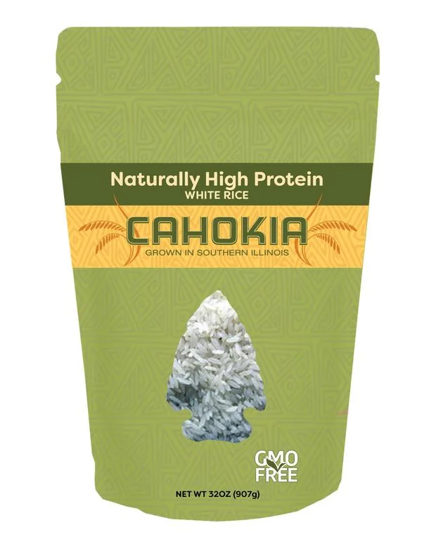 Naturally High Protein White Rice Grown in Southern Illinois Cahokia white rice is a long grain rice that has excellent appearance and cooking qualities. The Cahokia rice is identity preserved throughout the production process on the farm and in the mill. This ensures the rice that ends up on your table will be uniform in appearance and texture creating a visually appealing white rice, light & fluffy with a creamy texture.