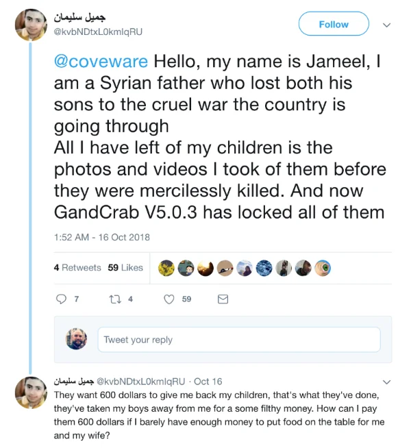 GandCrab ransomware victim twitter plea