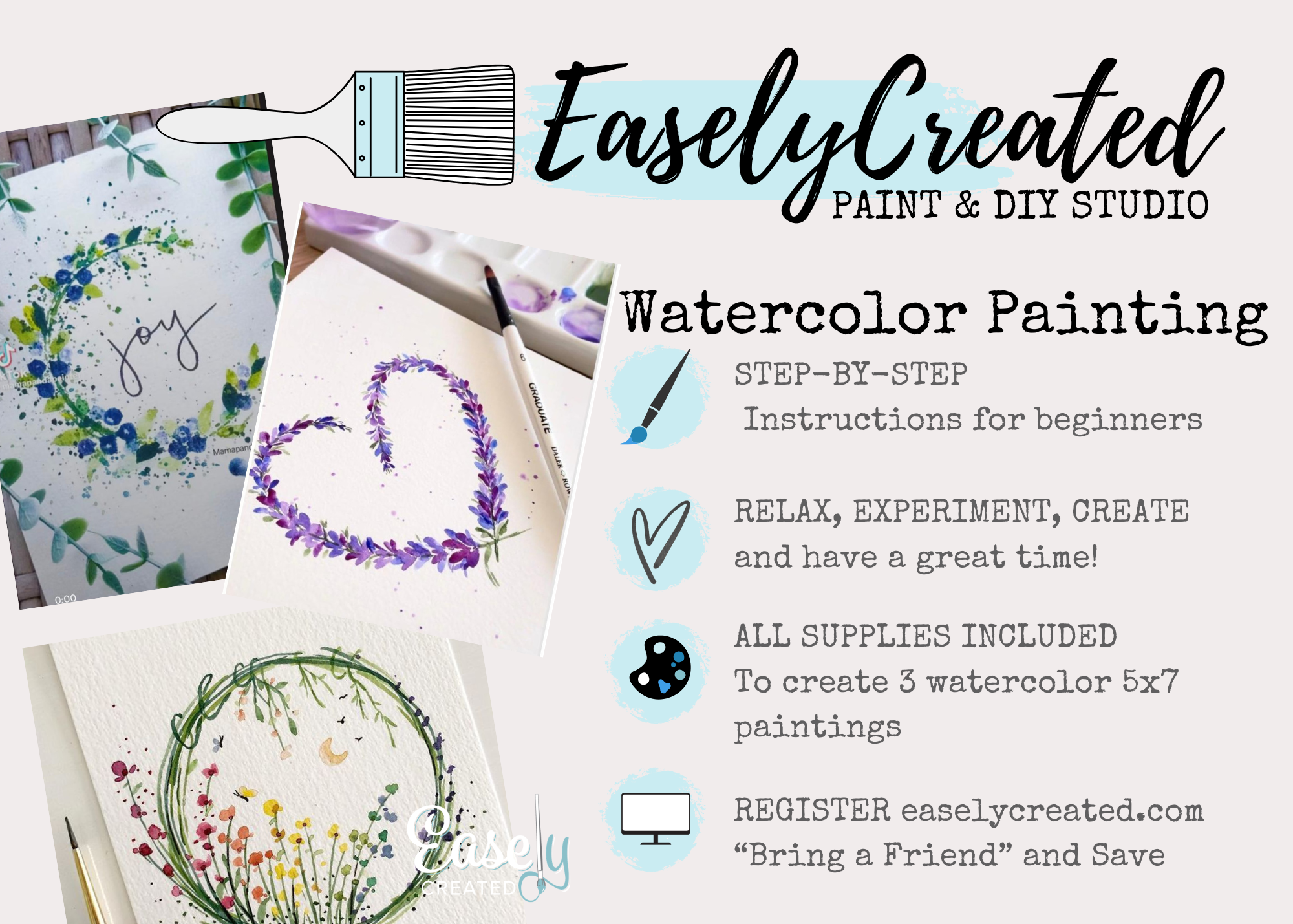 Beginner Watercolor Painting "Floral Wreaths"