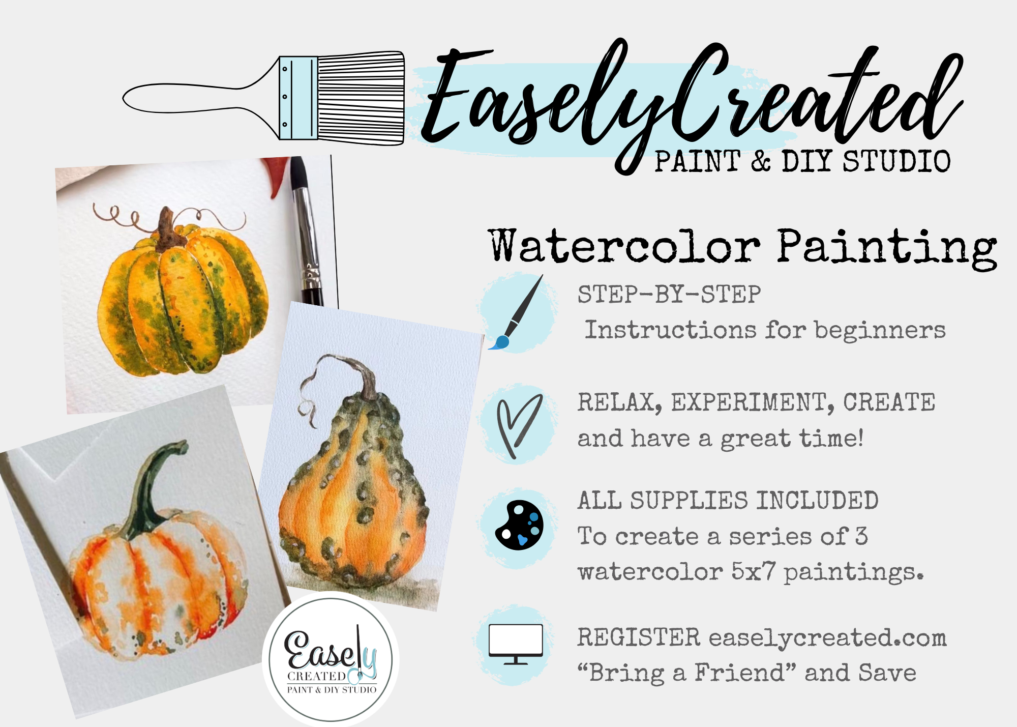 Beginner Watercolor Painting "Pumpkins & Gourd"