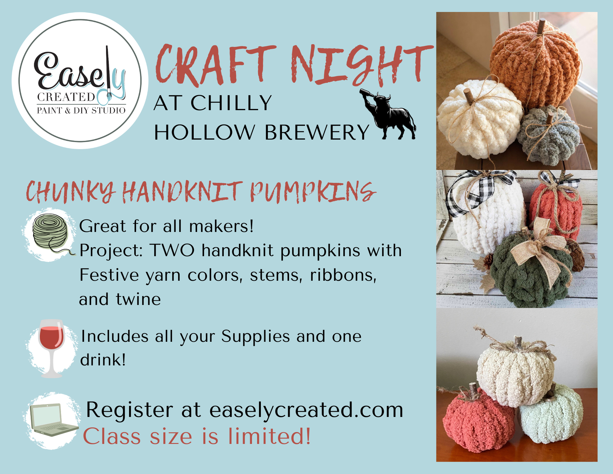 CRAFT NIGHT at Chilly Hollow Brewery in Berryville: Chunky Handknit Pumpkins!