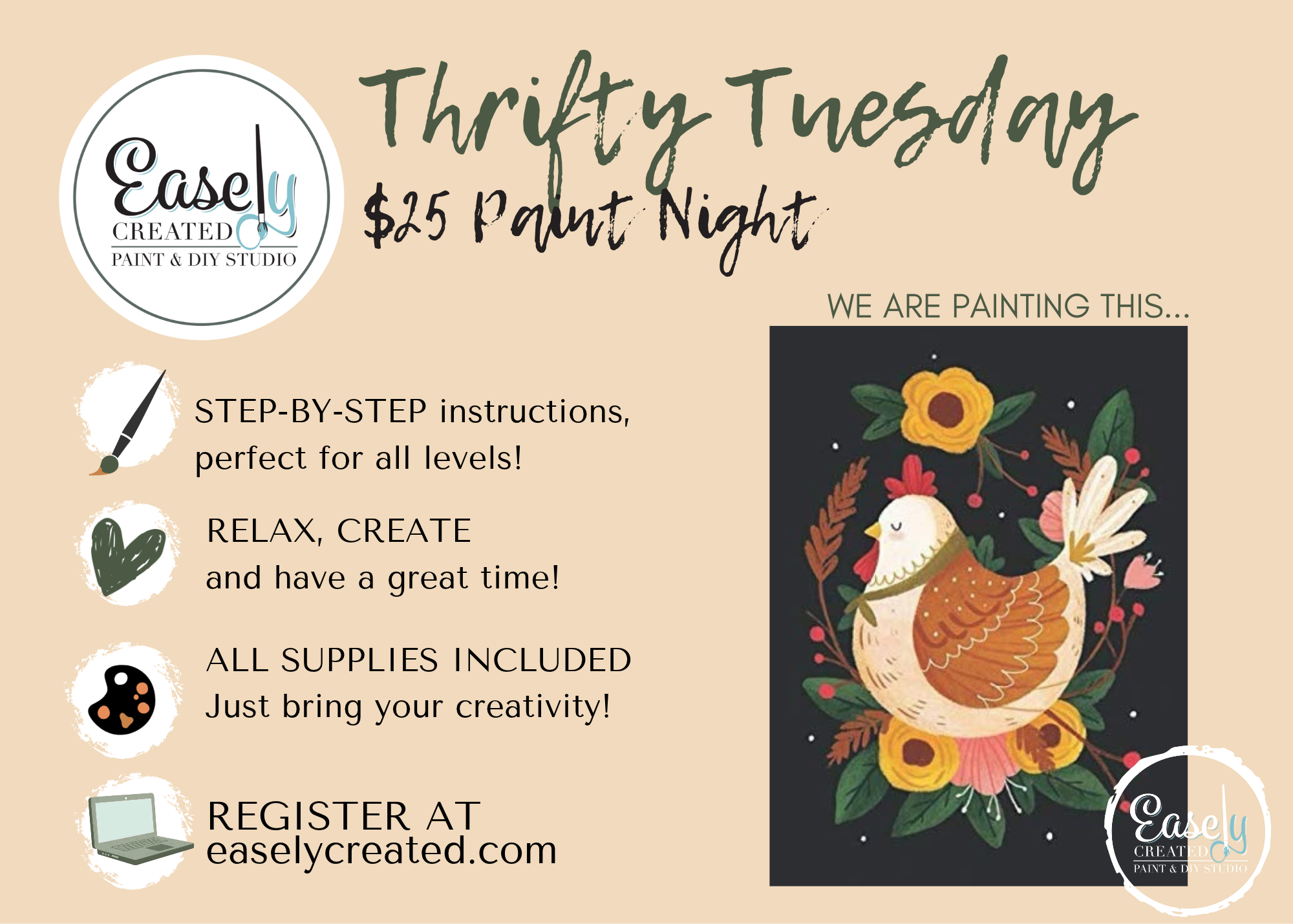 Thrifty TUESDAY $25 Paint Night "Folk Art Chicken"