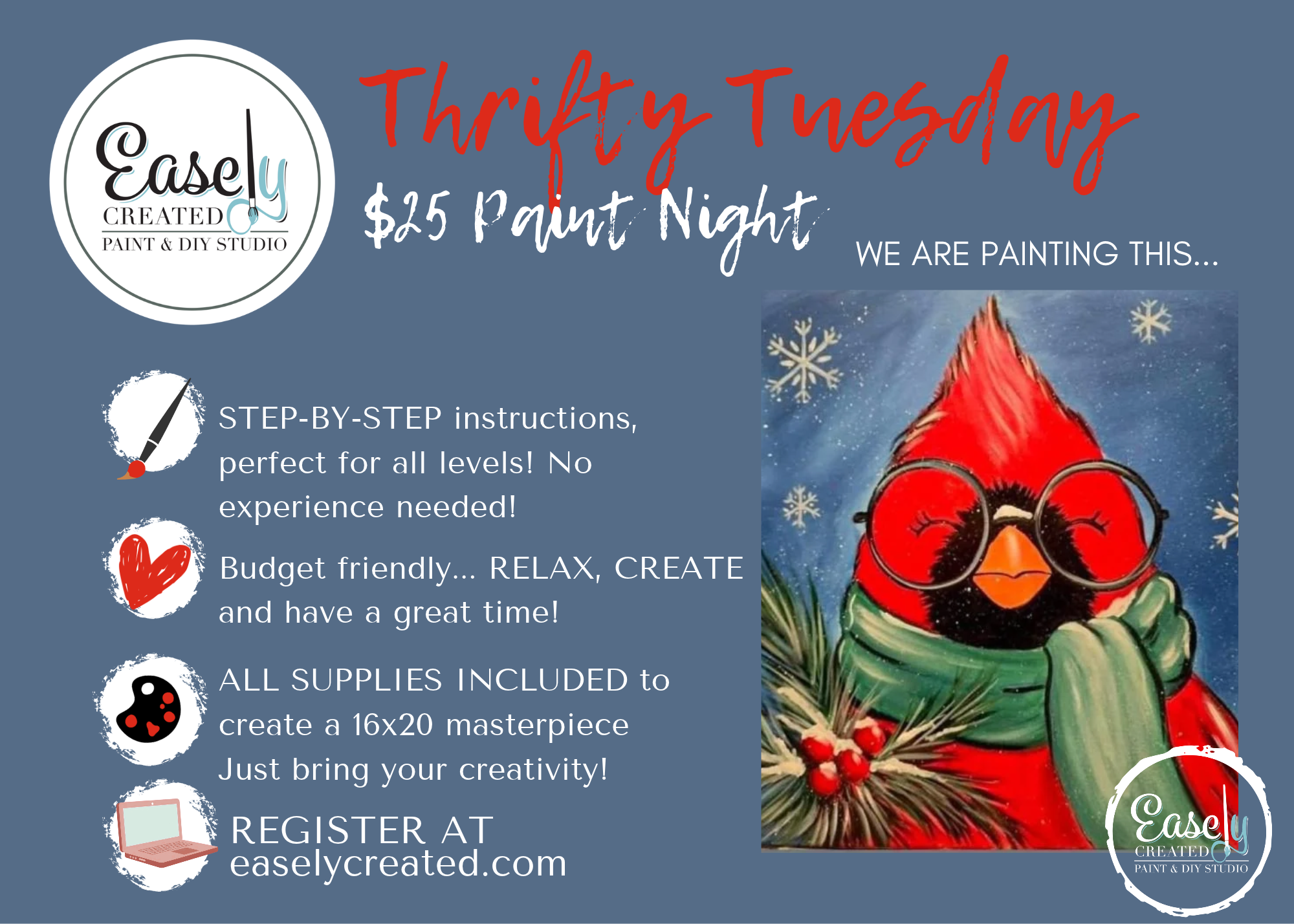 -- SAVE THE DATE -- Thrifty Tuesday $25 Paint Night "Winter Cardinal"