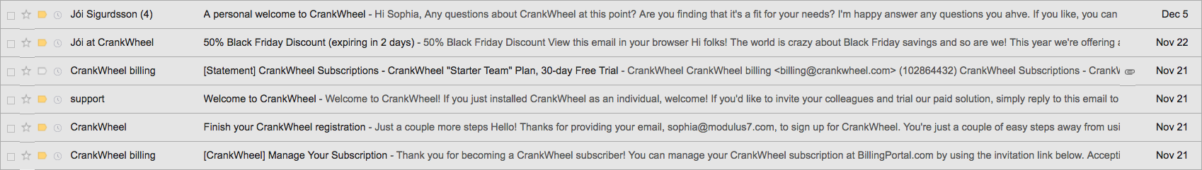 For more about CrankWheel, keep scrolling to find my sample review of their emails.
