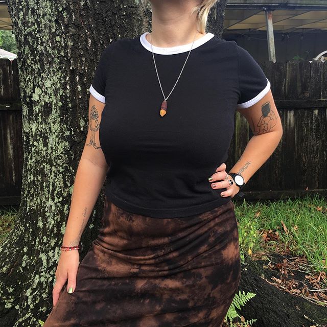 My sweet angel, Abbey, modeling the newest cocobolo wood crystal necklace. These pieces are fantastic because it&rsquo;s where dark heartwood (old growth) meets the light sapwood (young growth near the bark) and gives it such a defined two-tone color
