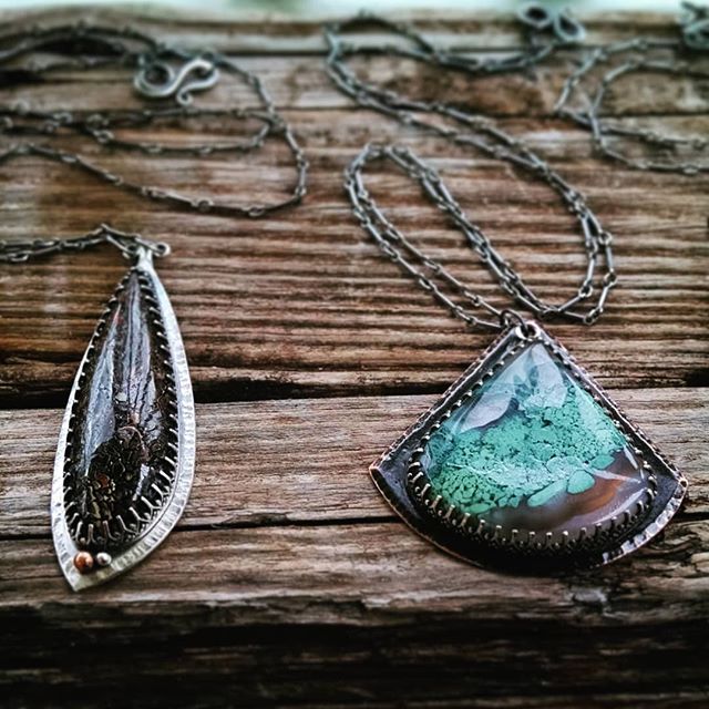 More new work for this weekend's #FrenchmenSt markets! ⁠*⁠
Fossilized Dinosaur Bone Shield Maiden Necklace⁠ with copper and silver granulation⁠
⁠
Green Moss Agate Shield Necklace has 🔴 SOLD⁠
⁠*⁠
Thur, 1/16. 6p - 12a. @artgardennola⁠
Fri, 1/17. 6p - 