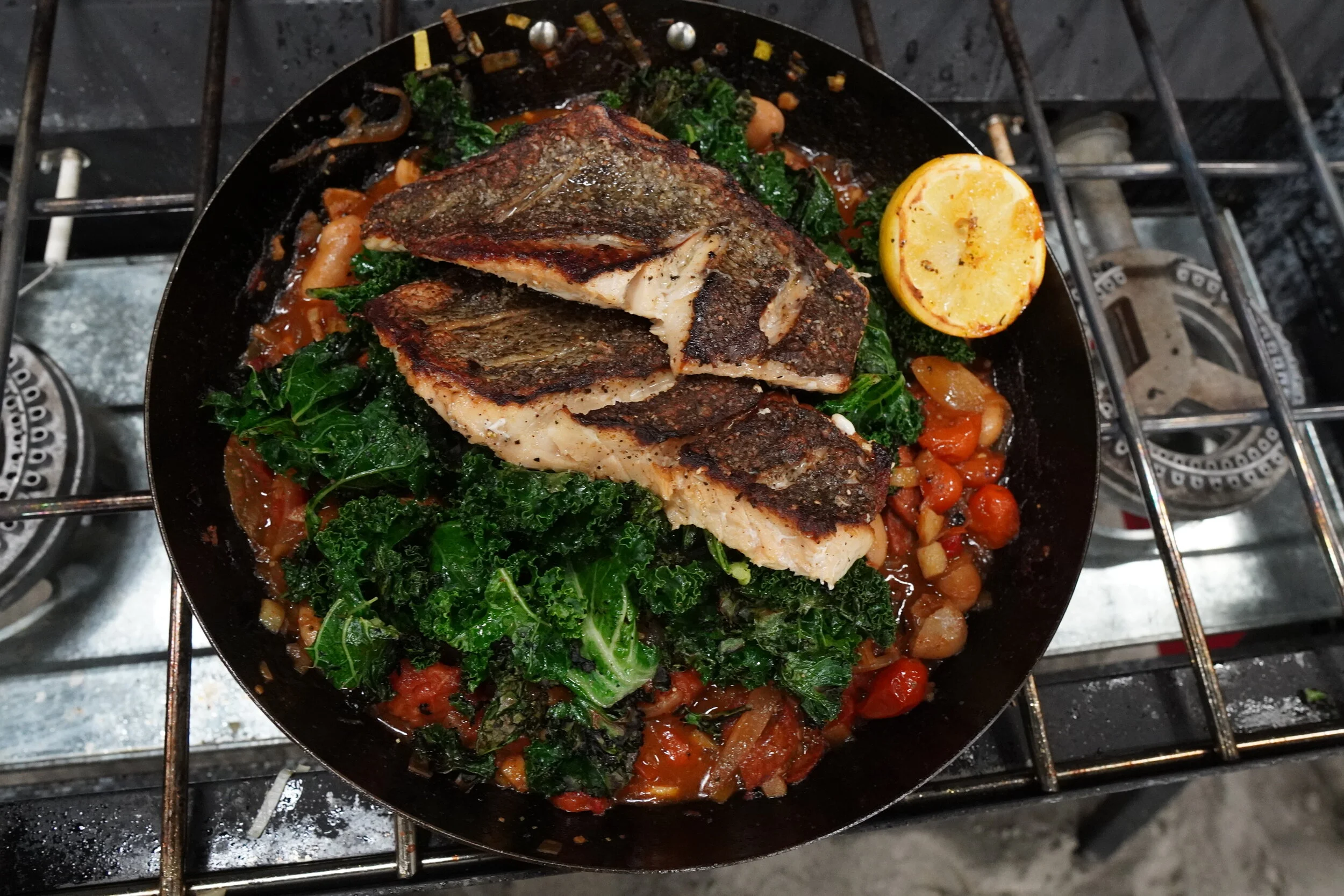 Rock Fish with White Bean, Tomato and Chorizo Broth