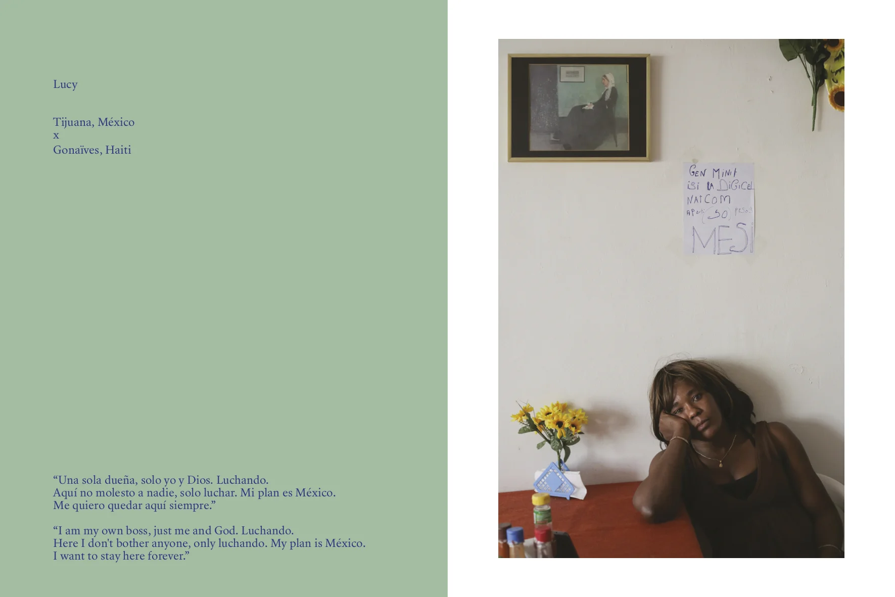 A spread from Femme Frontera: A portrait of Lucy by Arlene Mejorado, Tijuana, Mexico, 2017 (right). An excerpt of Lucy's words (left)