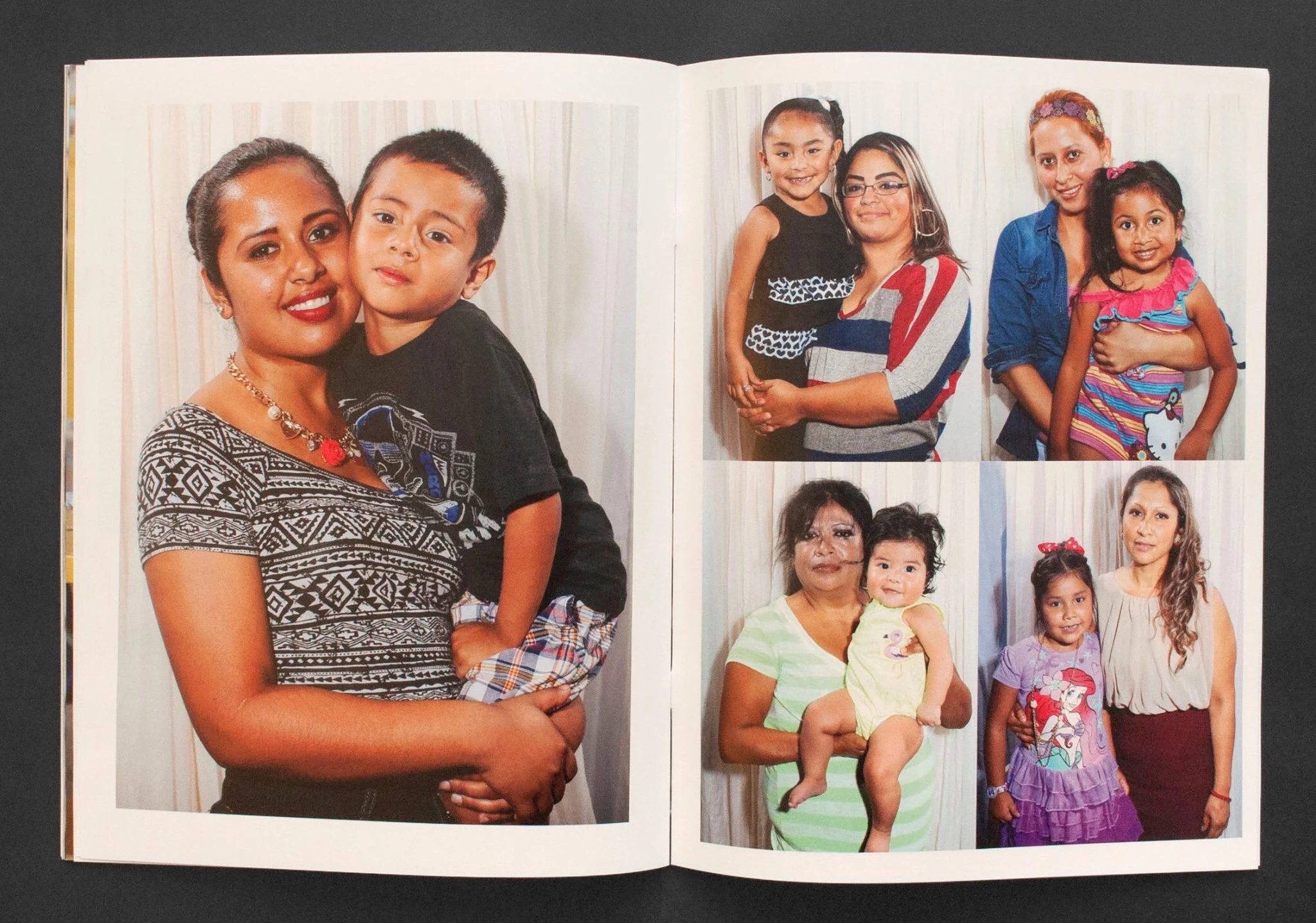 A full page and four image layout of mother-child portraits made in a a flea market studio.