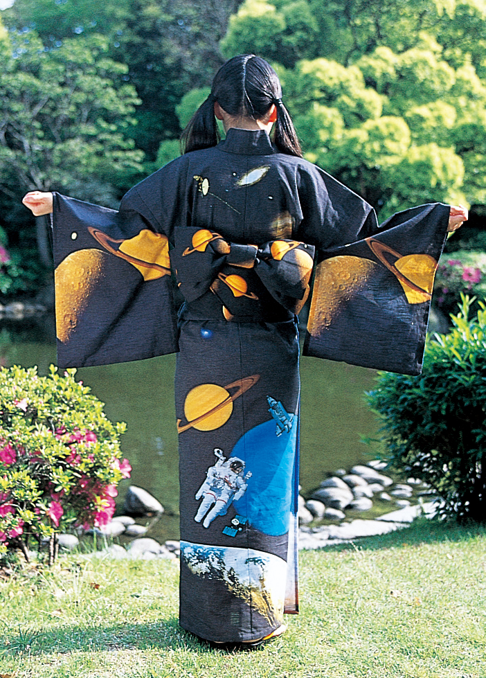 a space-exploration-themed yukata and obi, back view