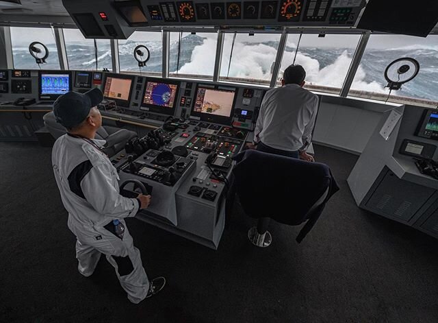 Steady at the helm! This is a real southern ocean storm, the stuff of legends and nightmares. In these photos, Captain Patrick Marchesseau (right) and helmsman Paul Batuigas (left) navigate the most intense weather that &lsquo;Lyrial&rsquo; has ever 