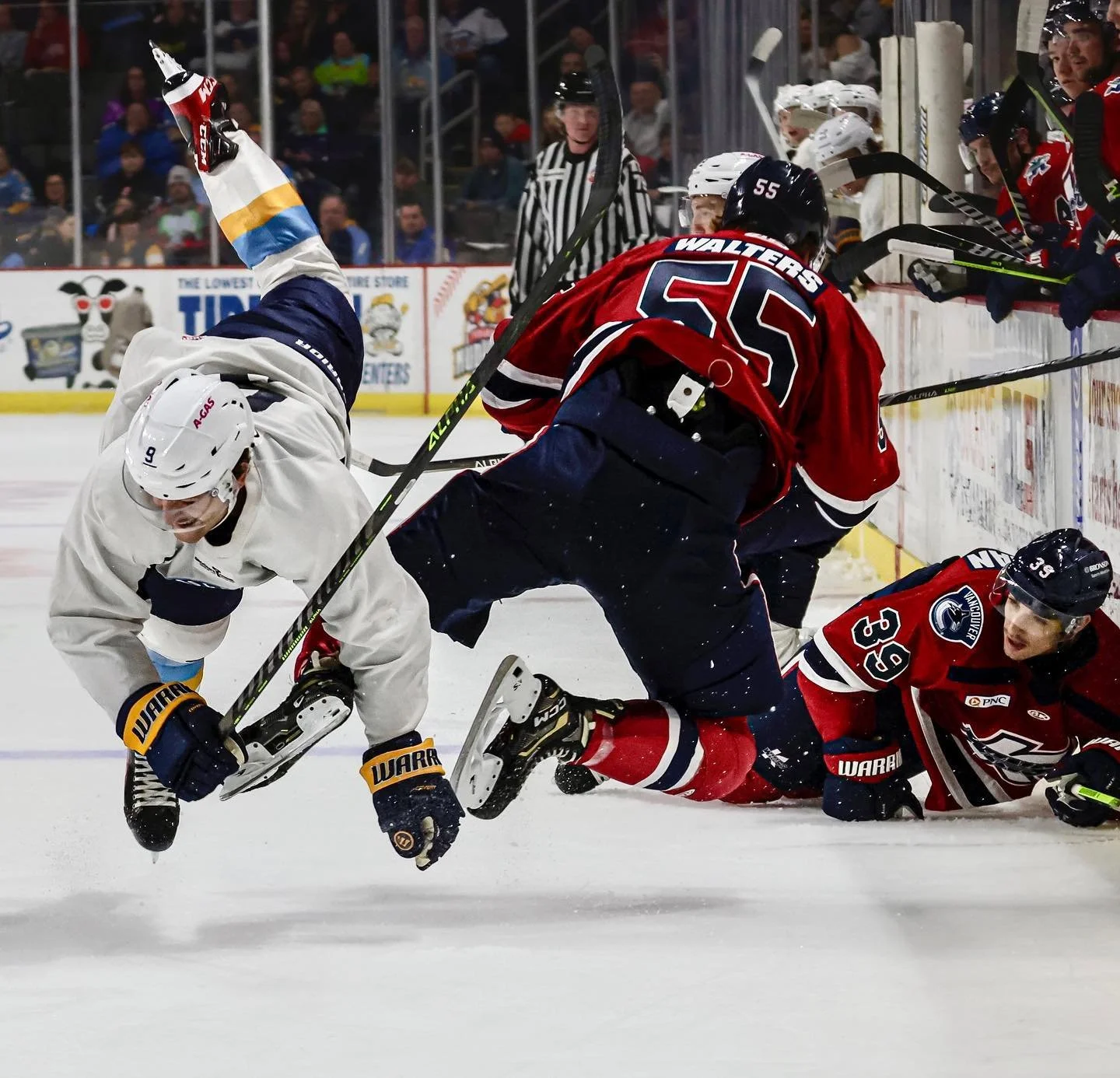 @toledowalleye hockey is back! 
Toledo Walleye defender Matt Anderson is upended by Kalamazoo Wings defender Connor Walters in a preseason ECHL hockey game on Friday, Oct. 13, 2023 at the Huntington Center in downtown Toledo. 
📸 @thebladenews