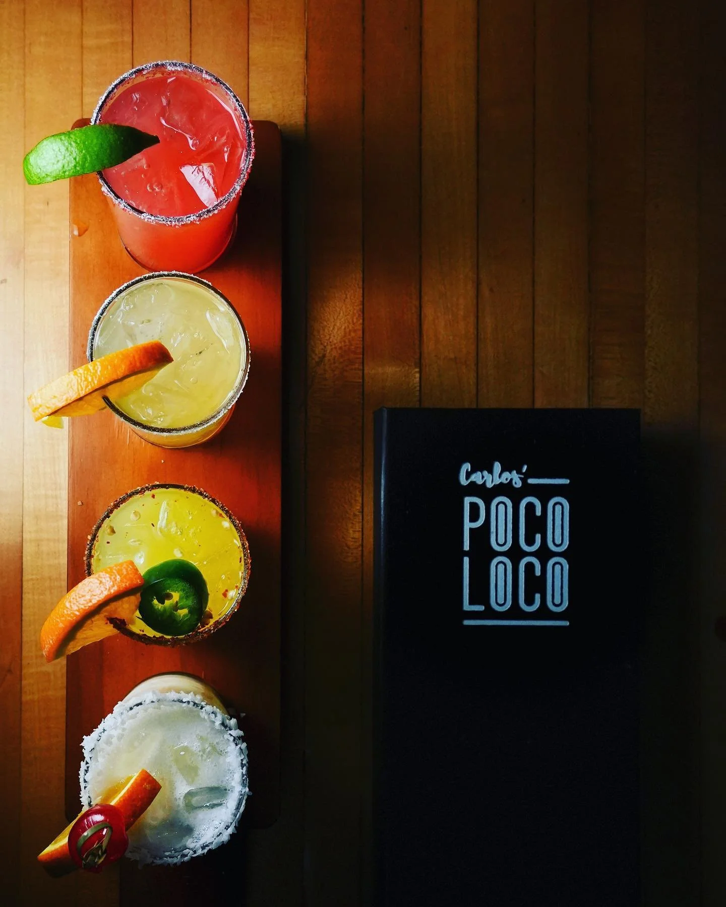 A nice product shot of a margarita flight &mdash; coconut, jalape&ntilde;o, golden, and strawberry &mdash; from @carlospocoloco in uptown Toledo around mid Feb., in preparation for &ldquo;National Margarita Day'' on Feb. 22. The &lsquo;food holiday&r