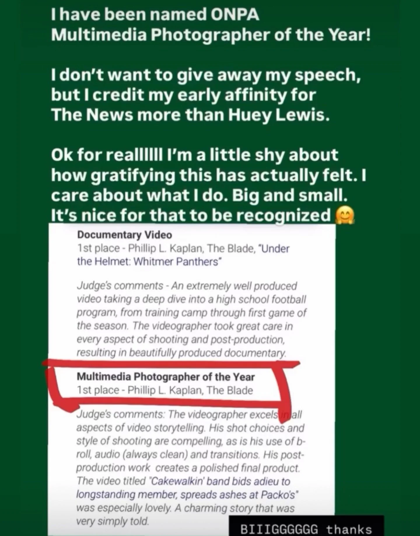 BIIIIGGGGGG thanks to @jtwadsworth @thebladenews @onpa_1951 &mdash; Im honored to take the Multimedia POY belt for another year 🤜🤛