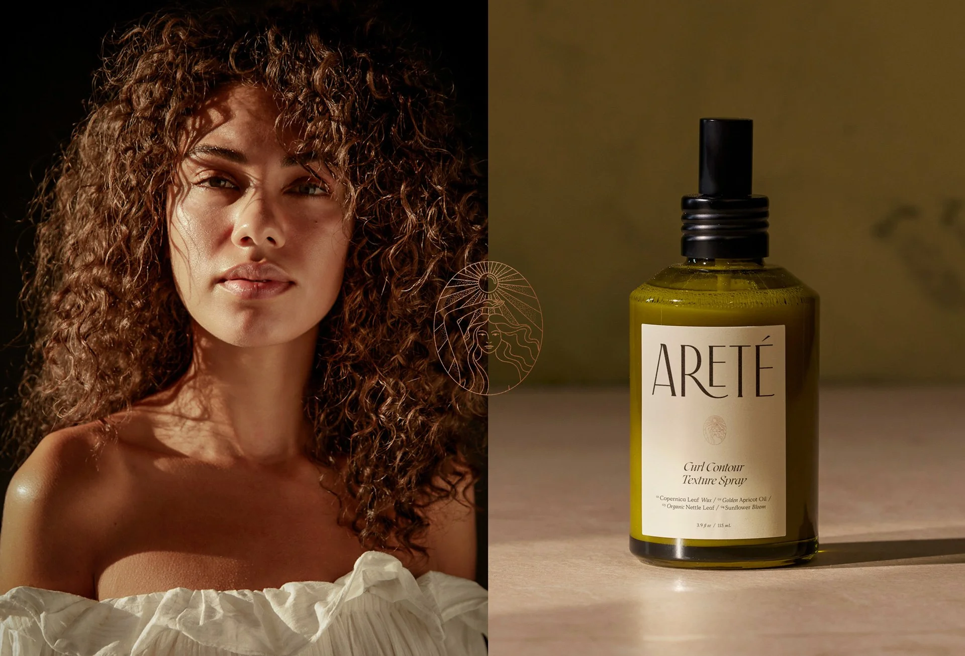 A woman with curly hair on the left and a bottle of Areté Curl Contour Texture Spray on the right.