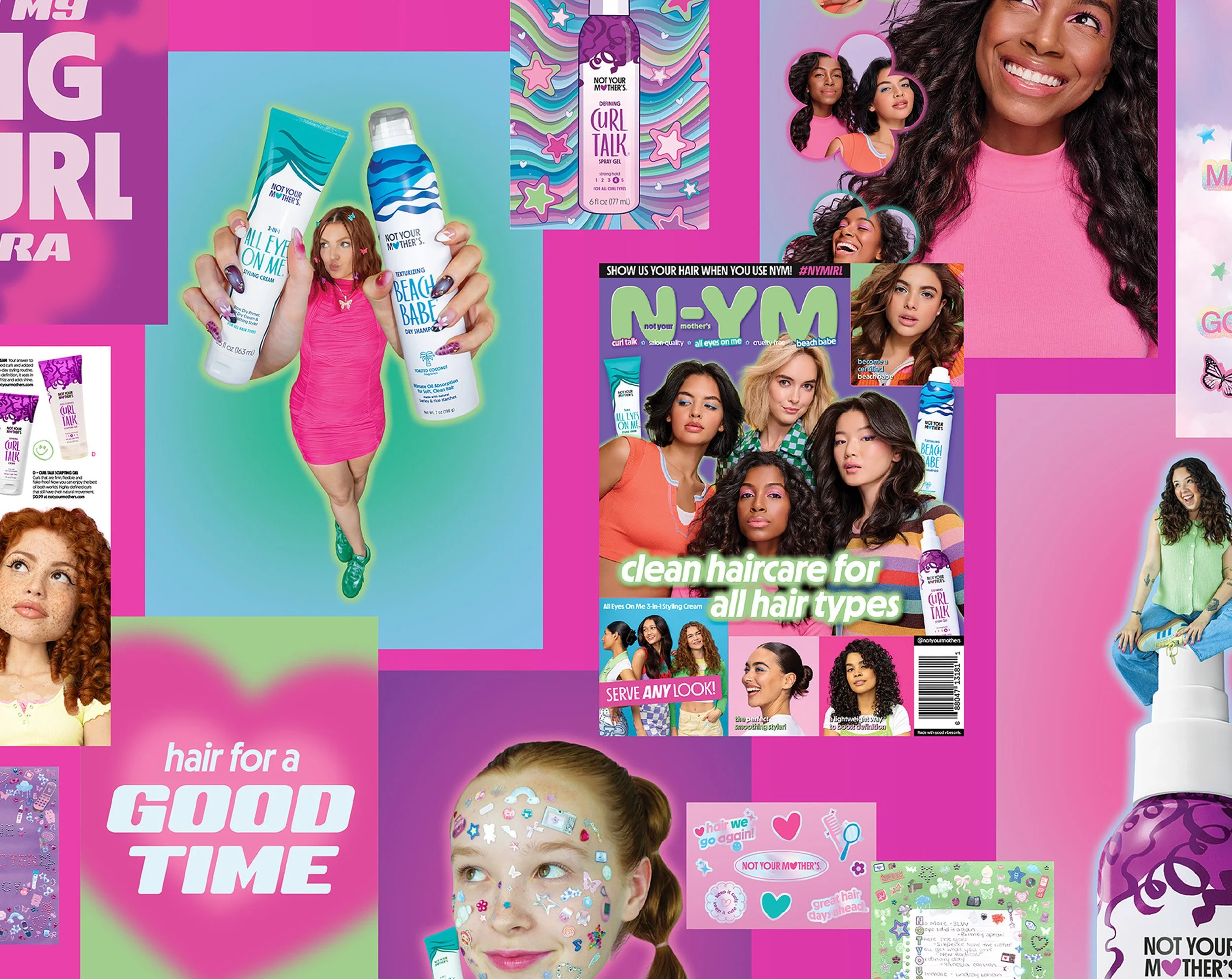 Collage of beauty and hair care products, magazine covers, and portraits of young women with various hairstyles and hair colors. The collage features colorful backgrounds and text promoting hair care for all hair types.