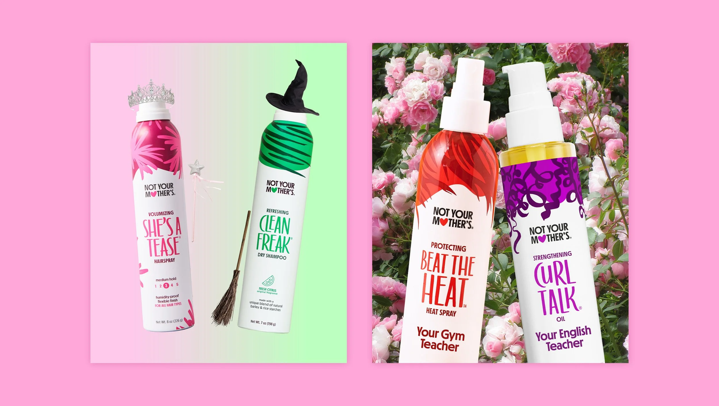 volumizing spray and a dry shampoo with a witch hat, set against a pink and green background. The right set includes heat protectant spray and curl enhancing oil, placed in front of pink flowers. Wicked Taylor Swift Travis Kelce