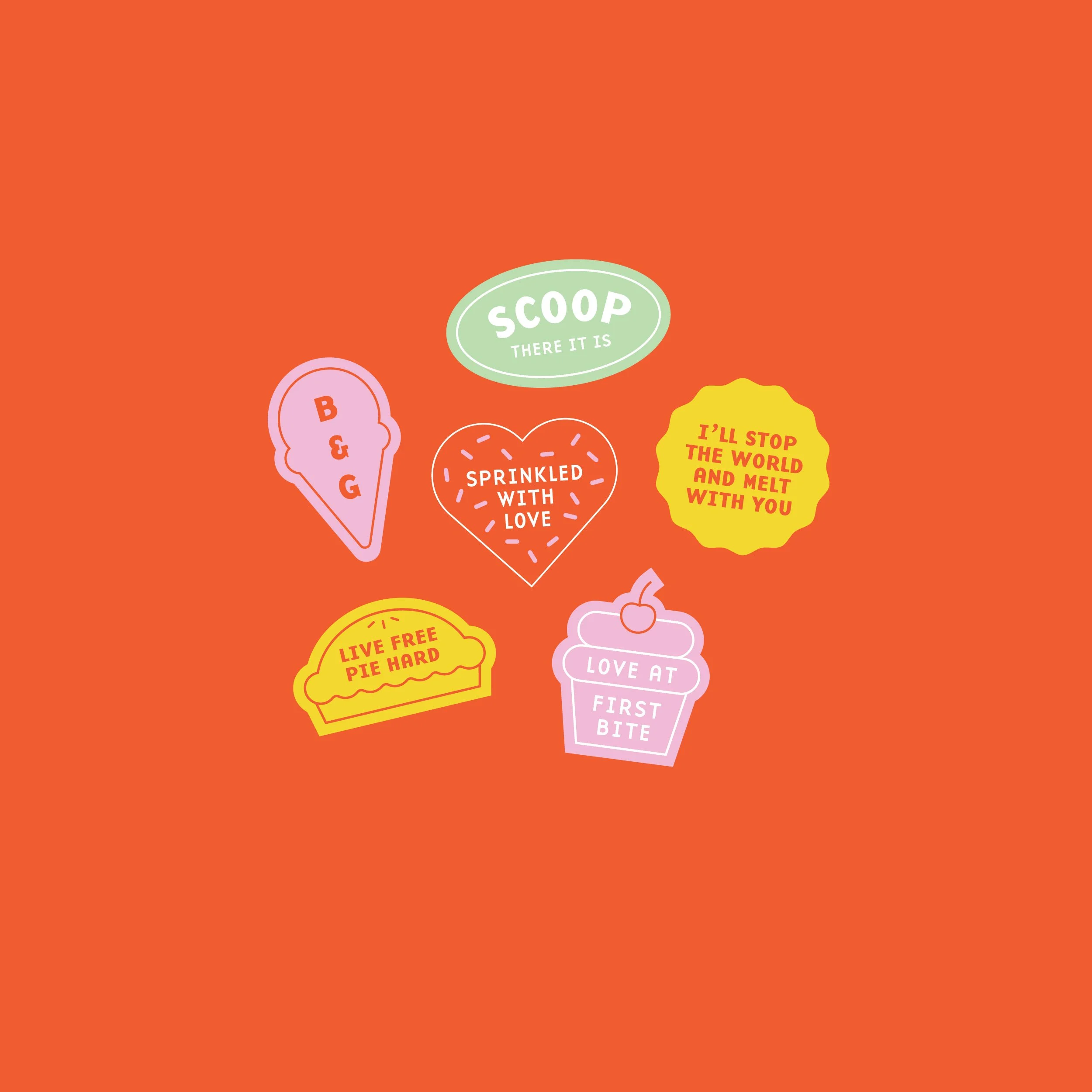 Colorful collection of ice cream-themed and love-themed stickers on an orange background.