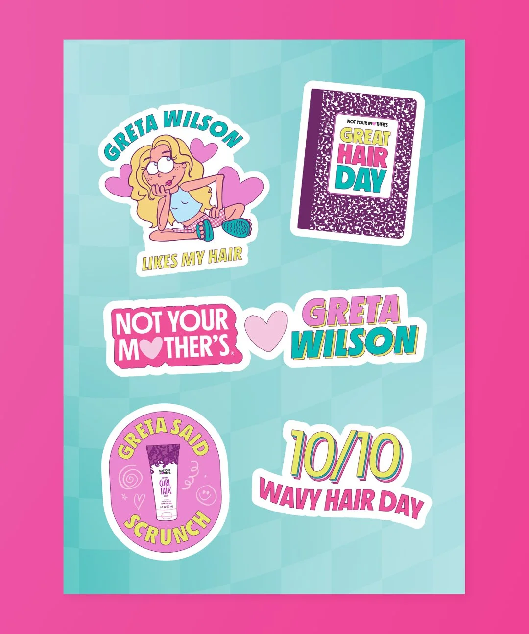 Collection of colorful Greta Wilson stickers, including a girl with wavy hair, a quote about hair, a notebook with 'Great Hair Day', and text celebrating Wavy Hair Day.