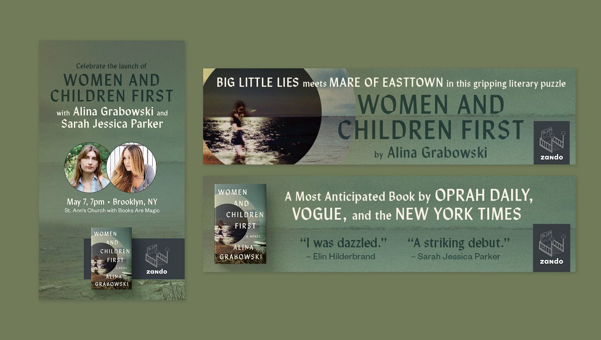 Promotional collage for the book "Women and Children First" by Alina Grabowski. It includes a book cover, event details with a photo of two women, a quote about the book, and logos for Zando and SJP.