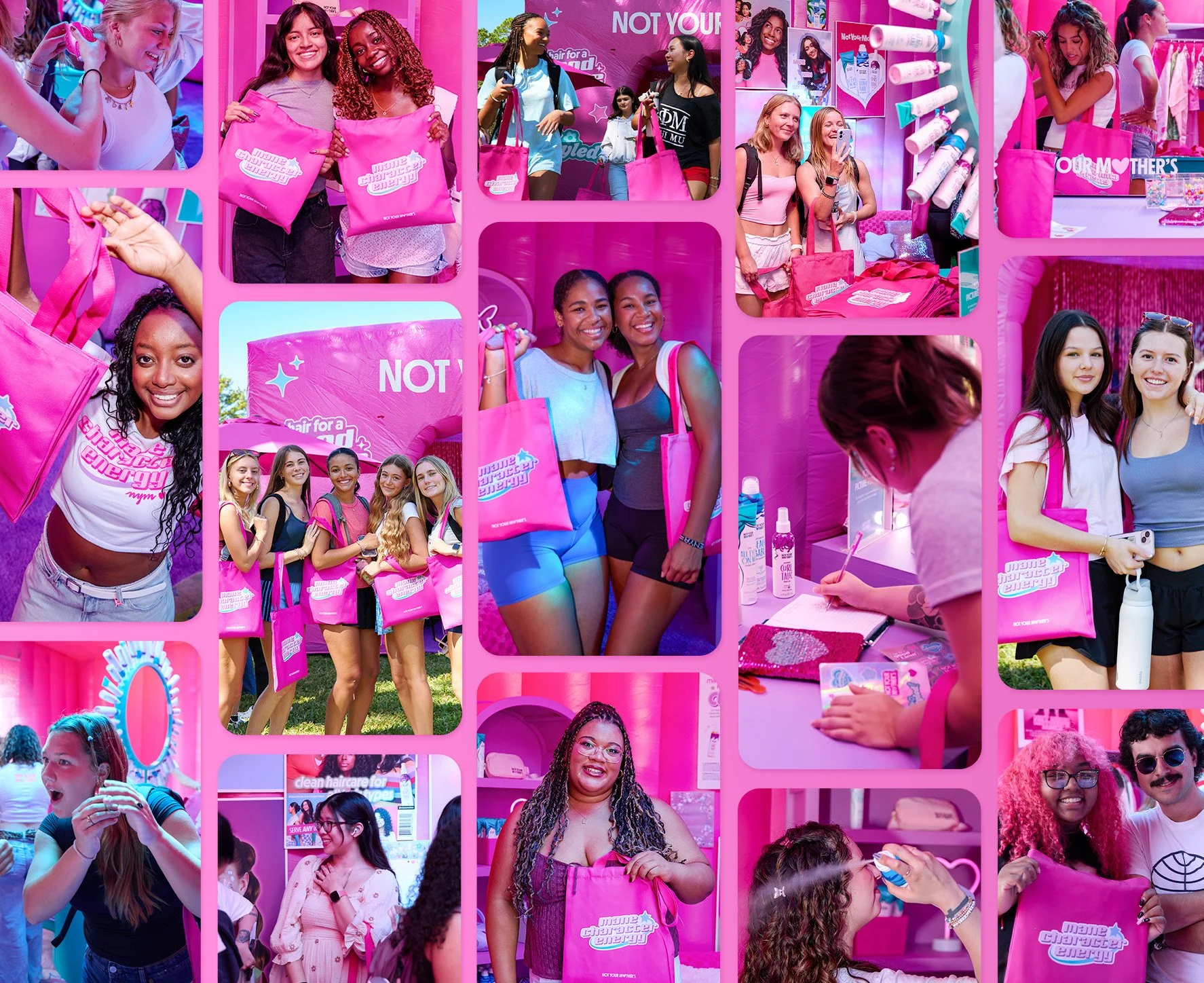 Collection of images showing young women at a pink-themed event, holding branded pink tote bags, interacting, shopping, taking photos, and participating in activities.