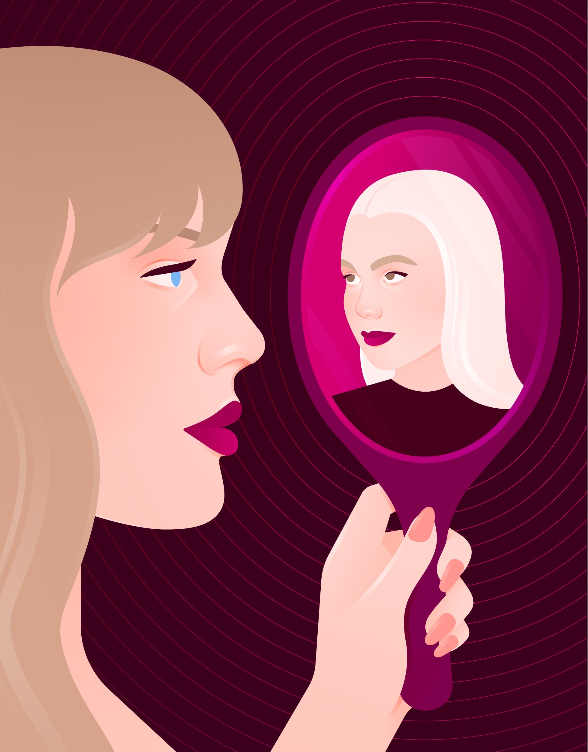 A woman with blonde hair looking at her reflection in a mirror she is holding, with a dark background and concentric circles. Taylor Swift Phoebe Bridgers Nothing New