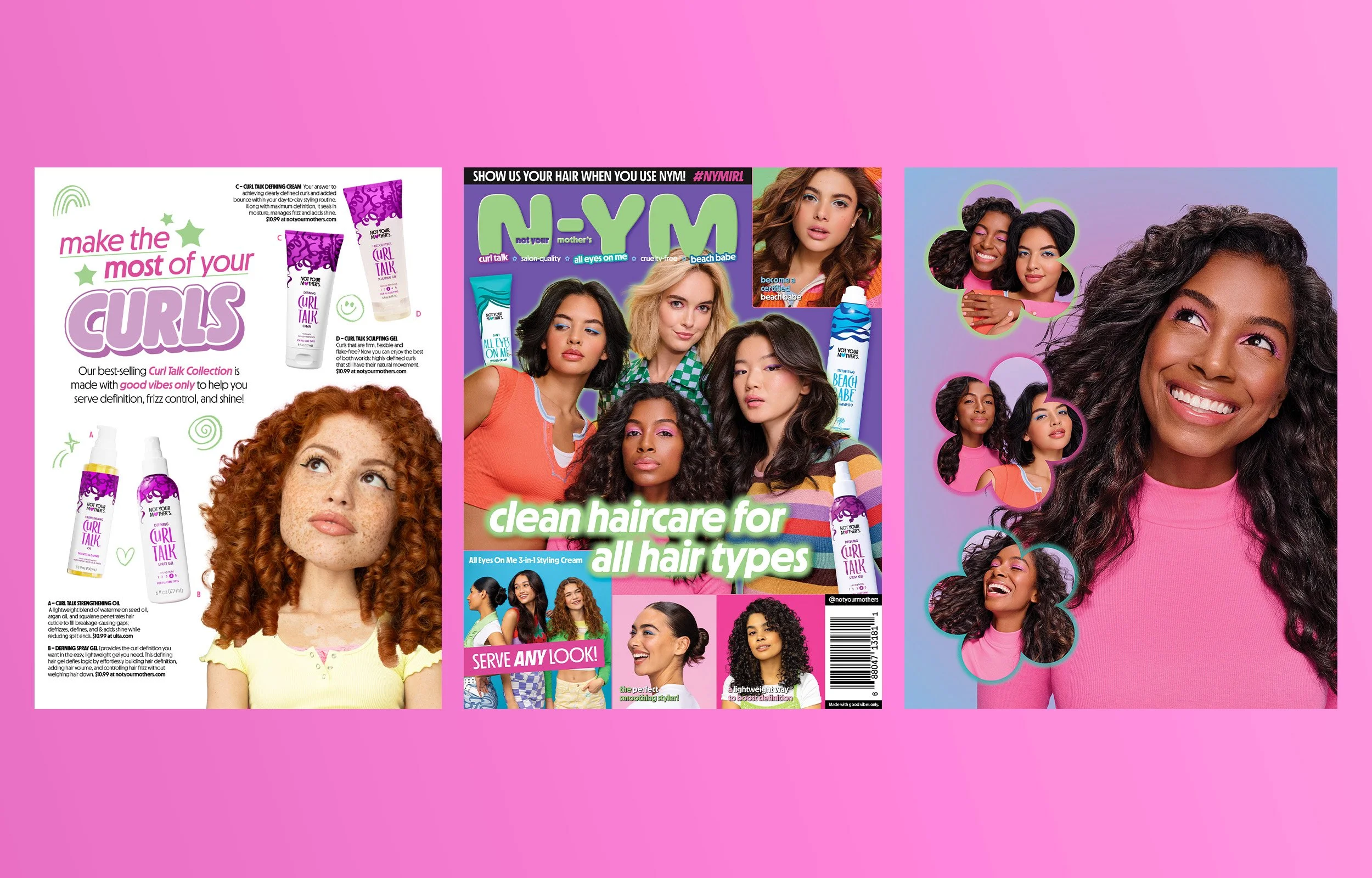 Three magazine covers featuring diverse women and girls with different hairstyles, promoting haircare products and styling tips, on a pink background.