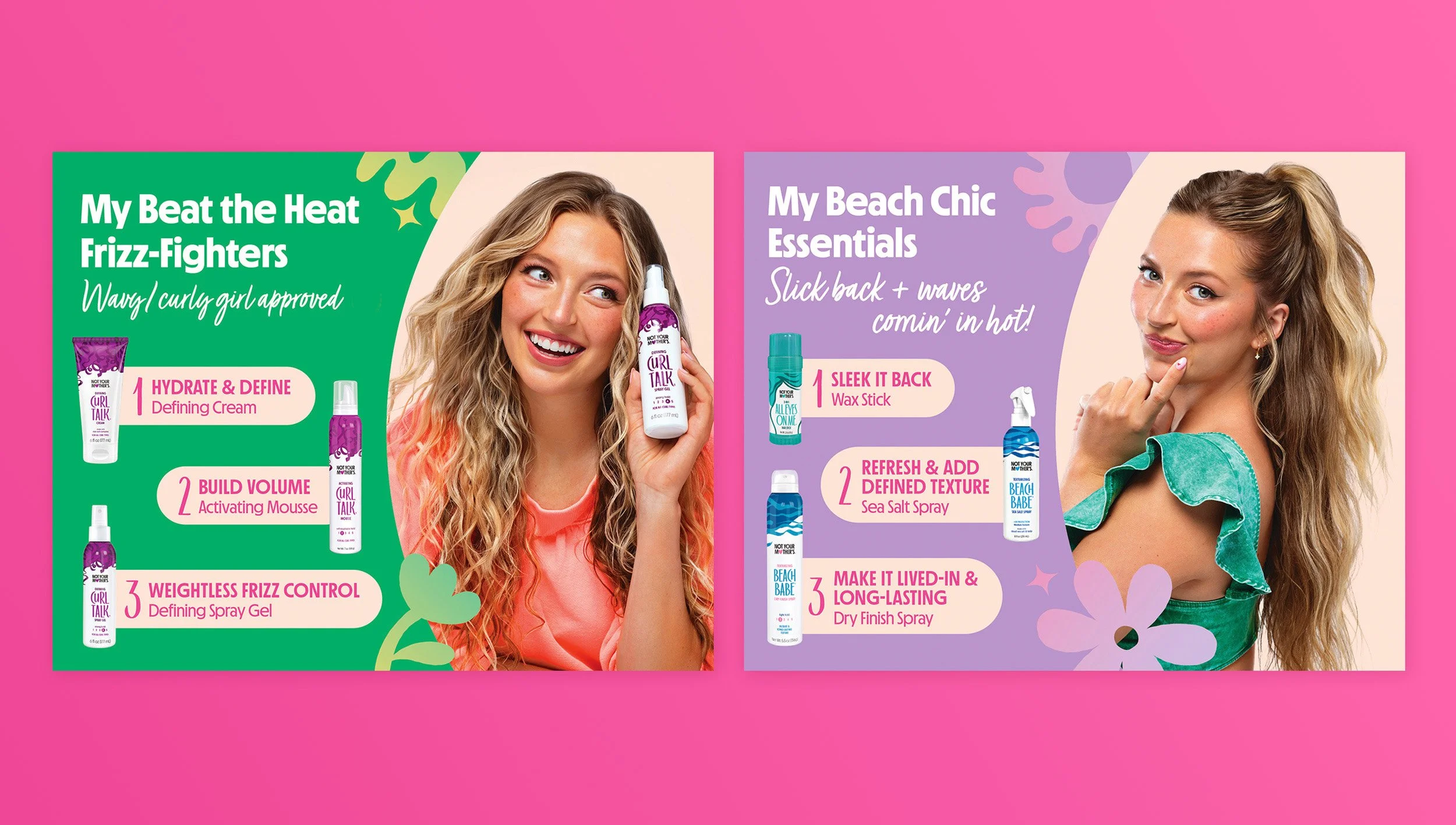 Promotional image showing two women with textured, blonde, curly hair, each with a set of hair care products. The left side features a green background with text about frizz-fighting hair products; the right side has a purple background with text about beach-themed hair products. The woman on the left is smiling, wearing a pink top, and holding a spray bottle. The woman on the right is winking, dressed in a green top, with her hand near her chin.
