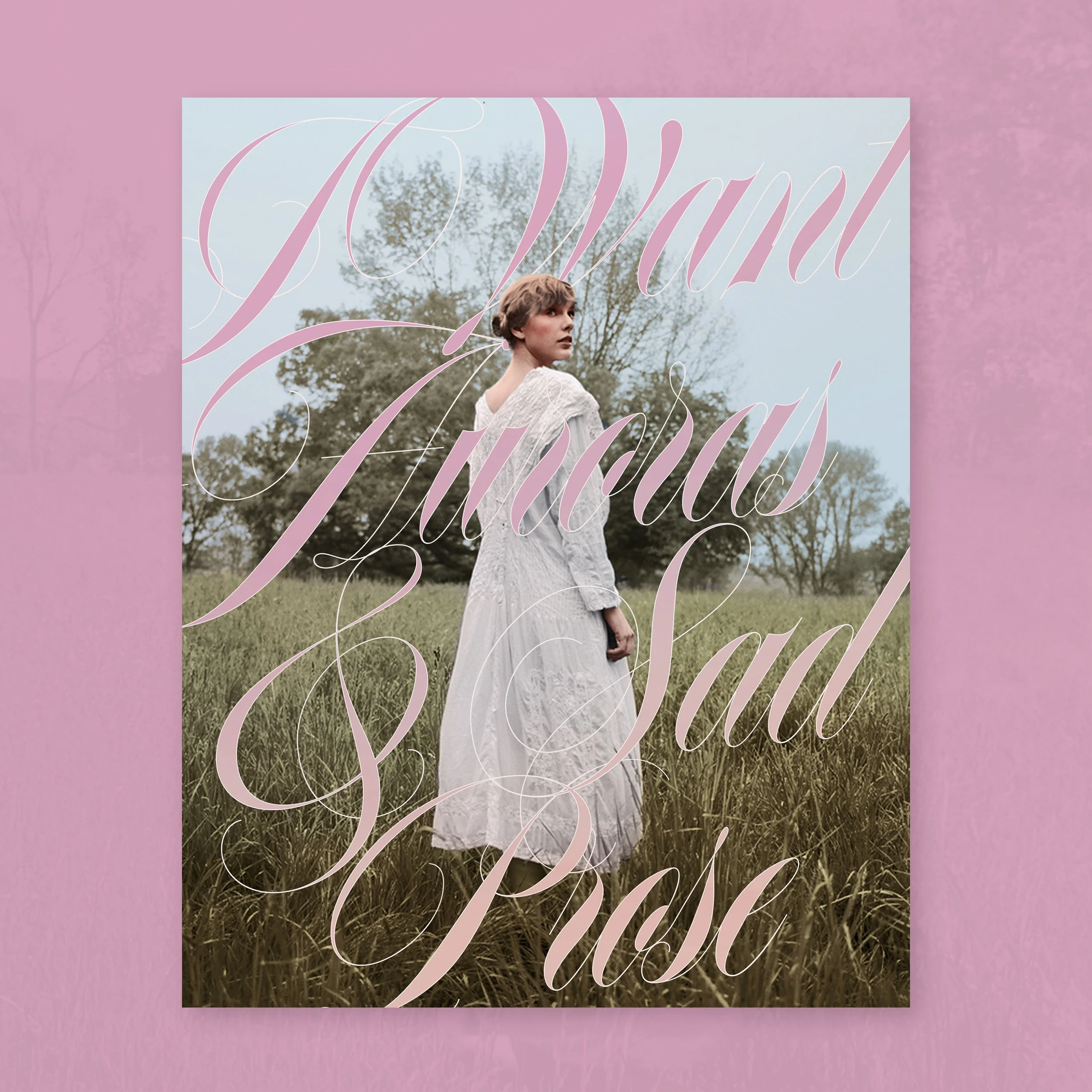 A woman in a white dress standing in a field of tall grass with trees in the background, overlaid with pink cursive text.