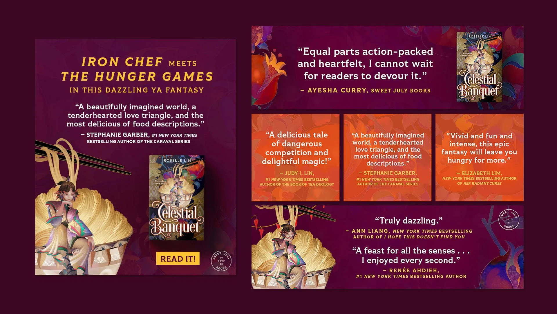 Promotional graphic for the book 'Celestial Banquet' by Roselle Lim, featuring quotes from reviewers, an illustration of a girl sitting on a large bowl of noodles with chopsticks, and a small image of the book cover. The background is purple and orange with floral and artistic patterns.