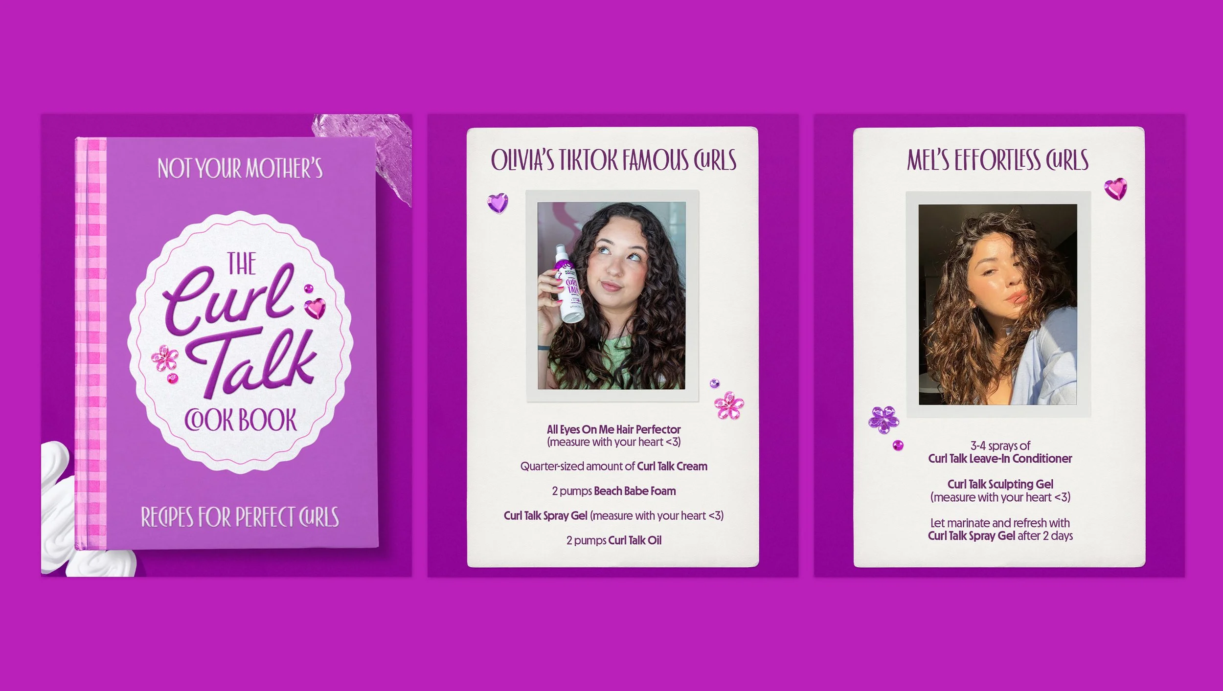 A purple book cover titled "The Curl Talk Cookbook" surrounded by purple and pink accents, with two inner pages showing women with curly hair and hair care tips.
