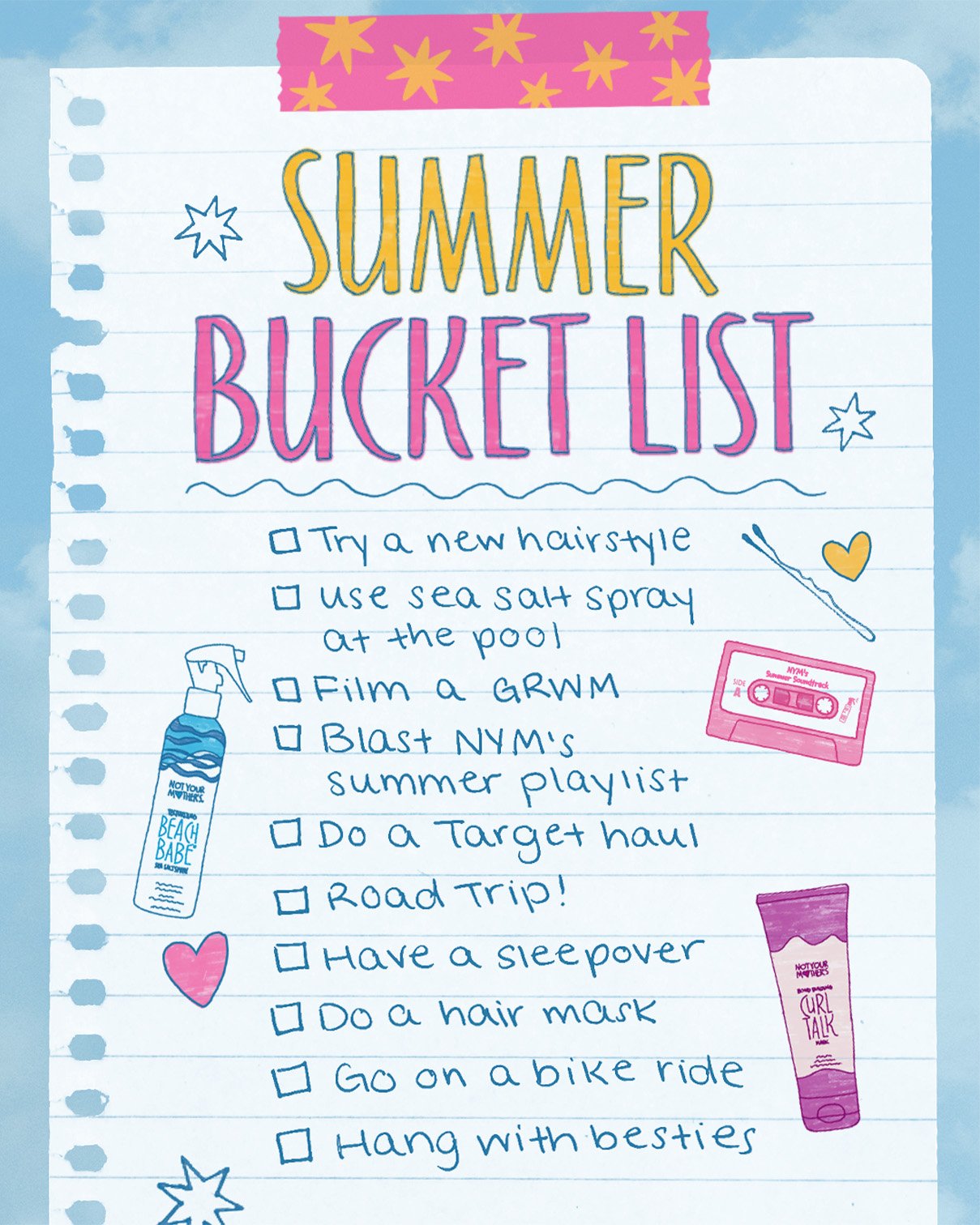 A handwritten summer bucket list on lined notebook paper with colorful doodles, including a spray bottle labeled 'Beach Babe,' a cassette tape, and a tube of hair mask. The list includes activities like trying a new hairstyle, using sea salt spray, filming a GRWM, blasting music, doing a Target haul, road trip, sleepover, hair mask, biking, and hanging out with friends.