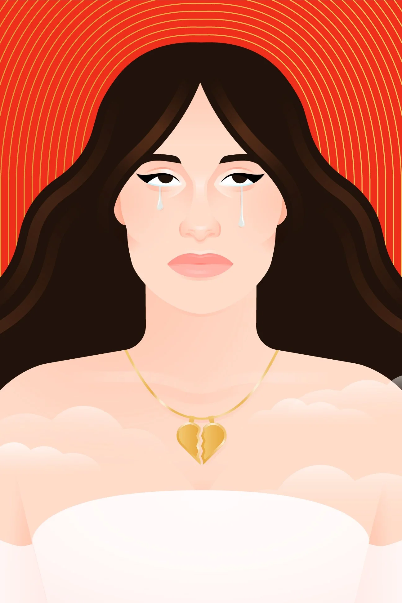 Digital illustration of a woman with long dark hair, tear streaks on her cheeks, wearing a gold broken heart necklace, against a red and orange striped background. Kacey Musgraves starcrossed