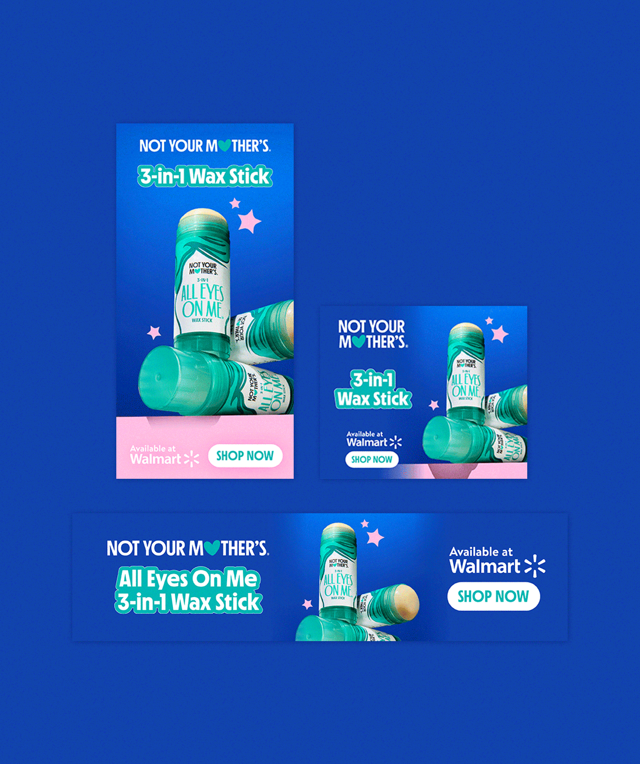 Advertisement for NOT YOUR MOTHER'S 3-in-1 Wax Stick featuring a teal and white container with text, surrounded by pink and purple stars, displaying availability at Walmart with a 'Shop Now' button.