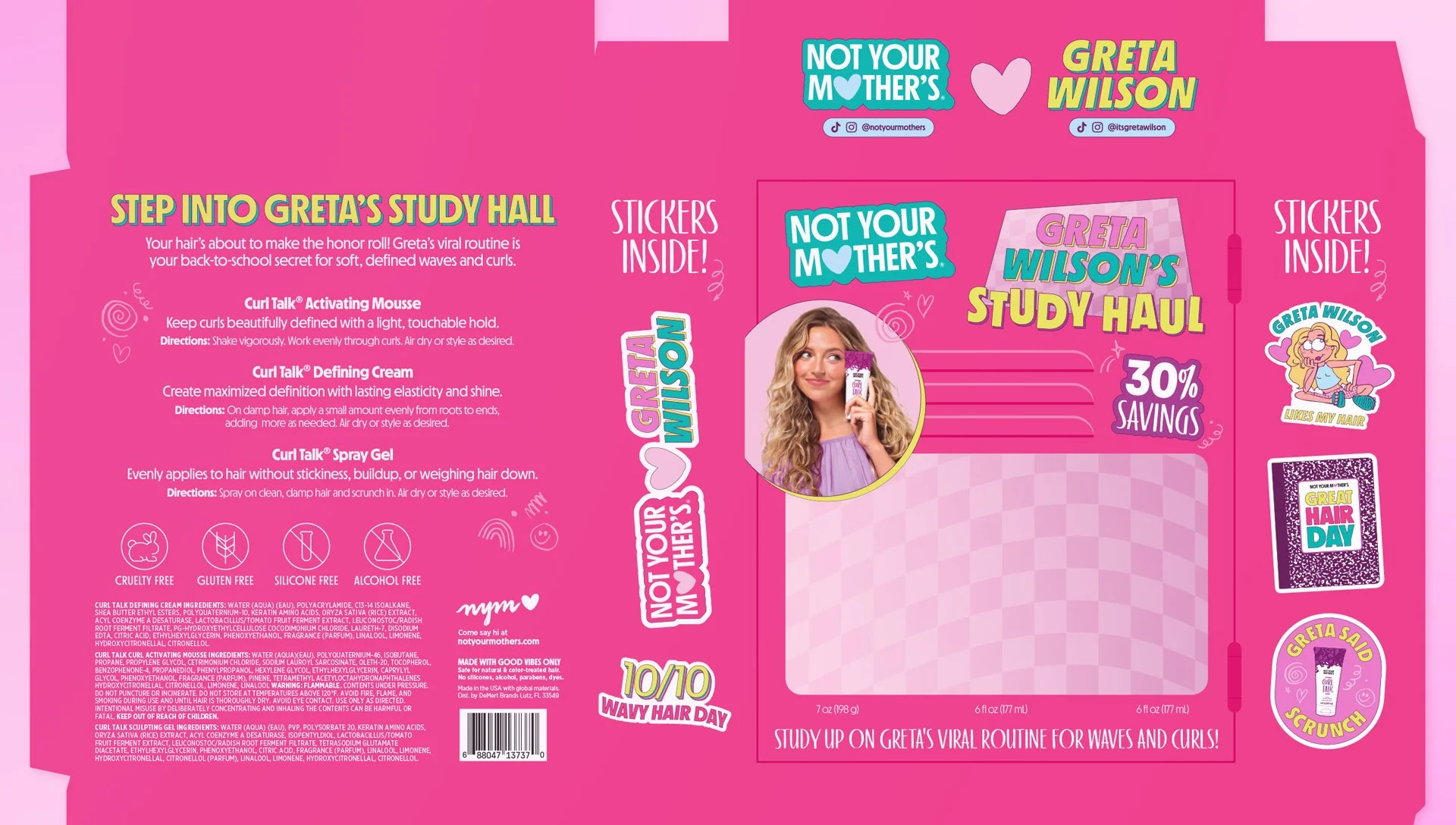 Pink study guide box for Greta Wilson with stickers inside, featuring her nickname 'Not Your Mother’s' and promoting her study haul with a photo of her holding a beauty product, stickers, and icons for cruelty free, gluten free, silicone free, and alcohol free.