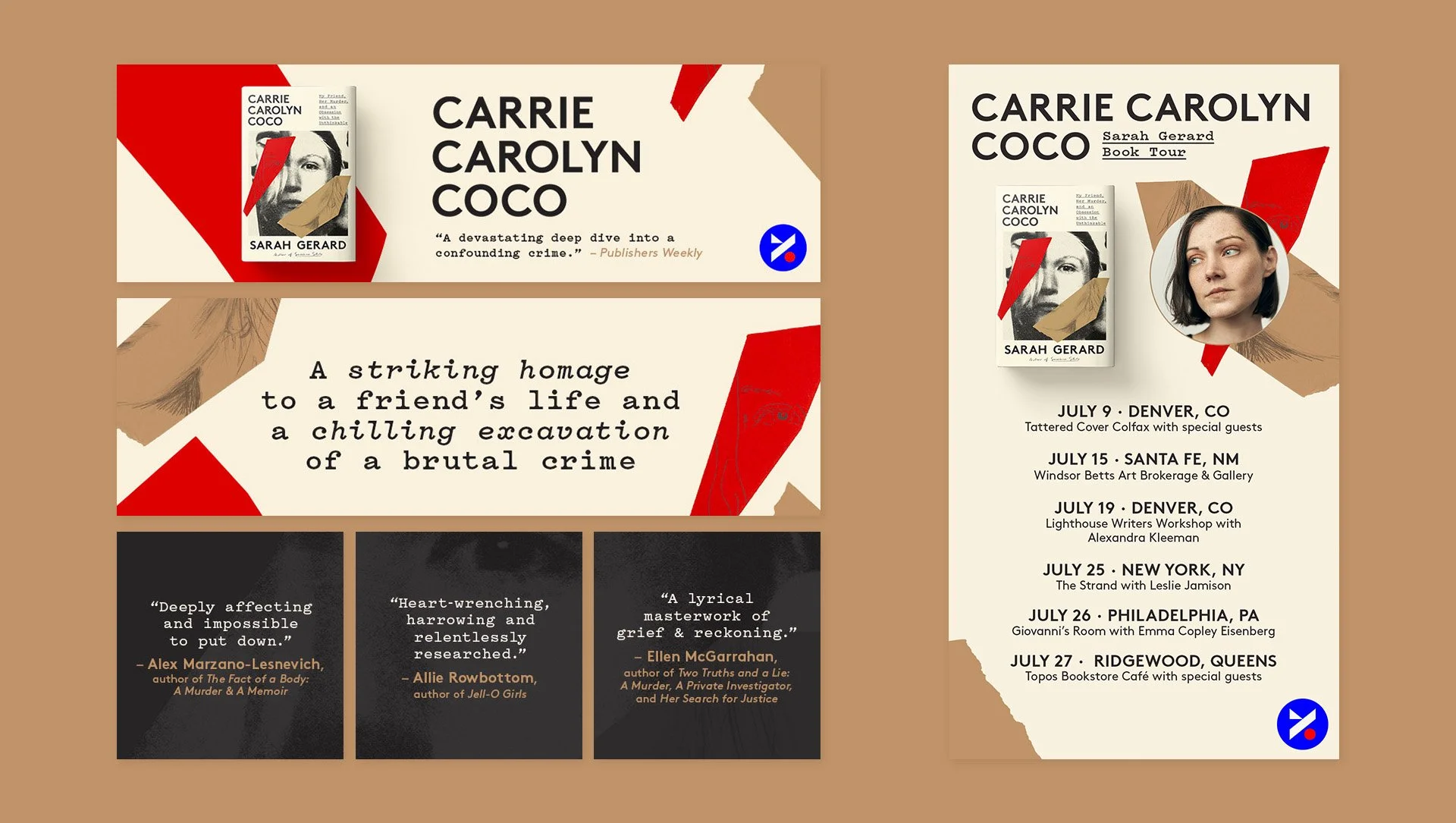 Promotional poster for Carrie Carolyn Coco book tour, featuring images of the book cover and author Sarah Gerard, with tour dates and locations listed, and quotes about the book.