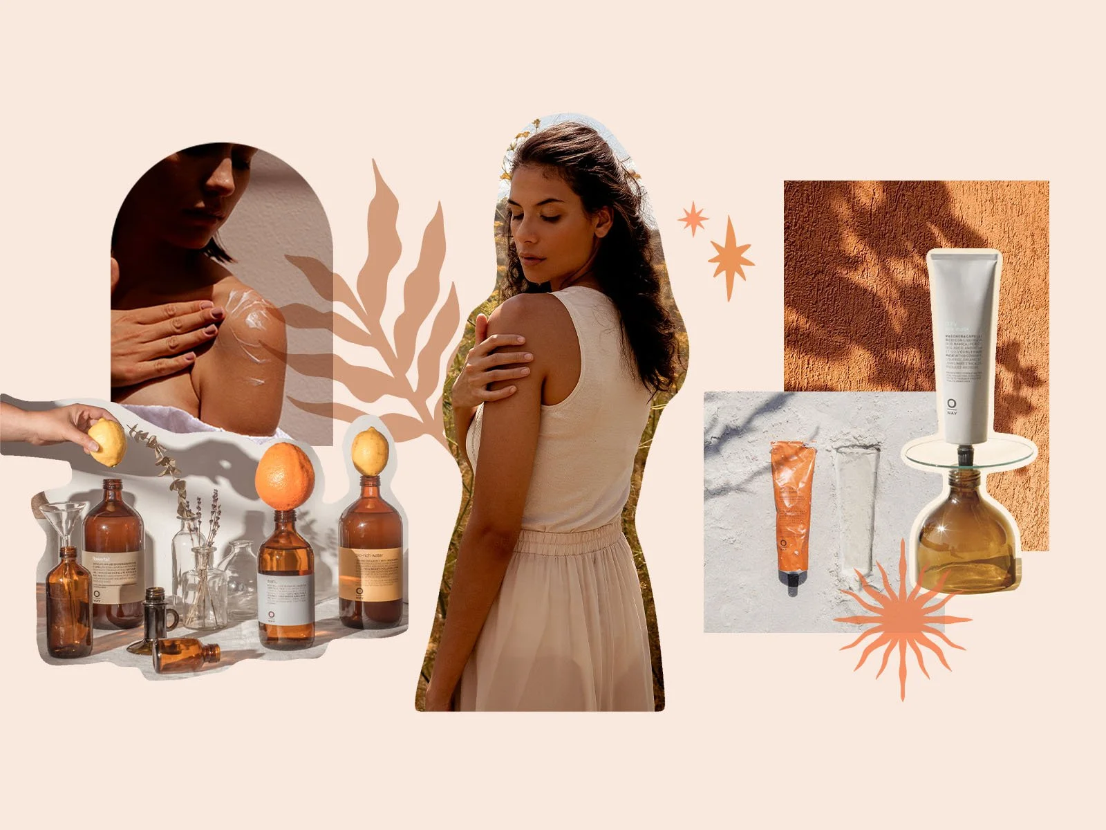 A collage featuring women applying skincare product, skincare bottles and tubes, and natural elements with warm earthy tones.
