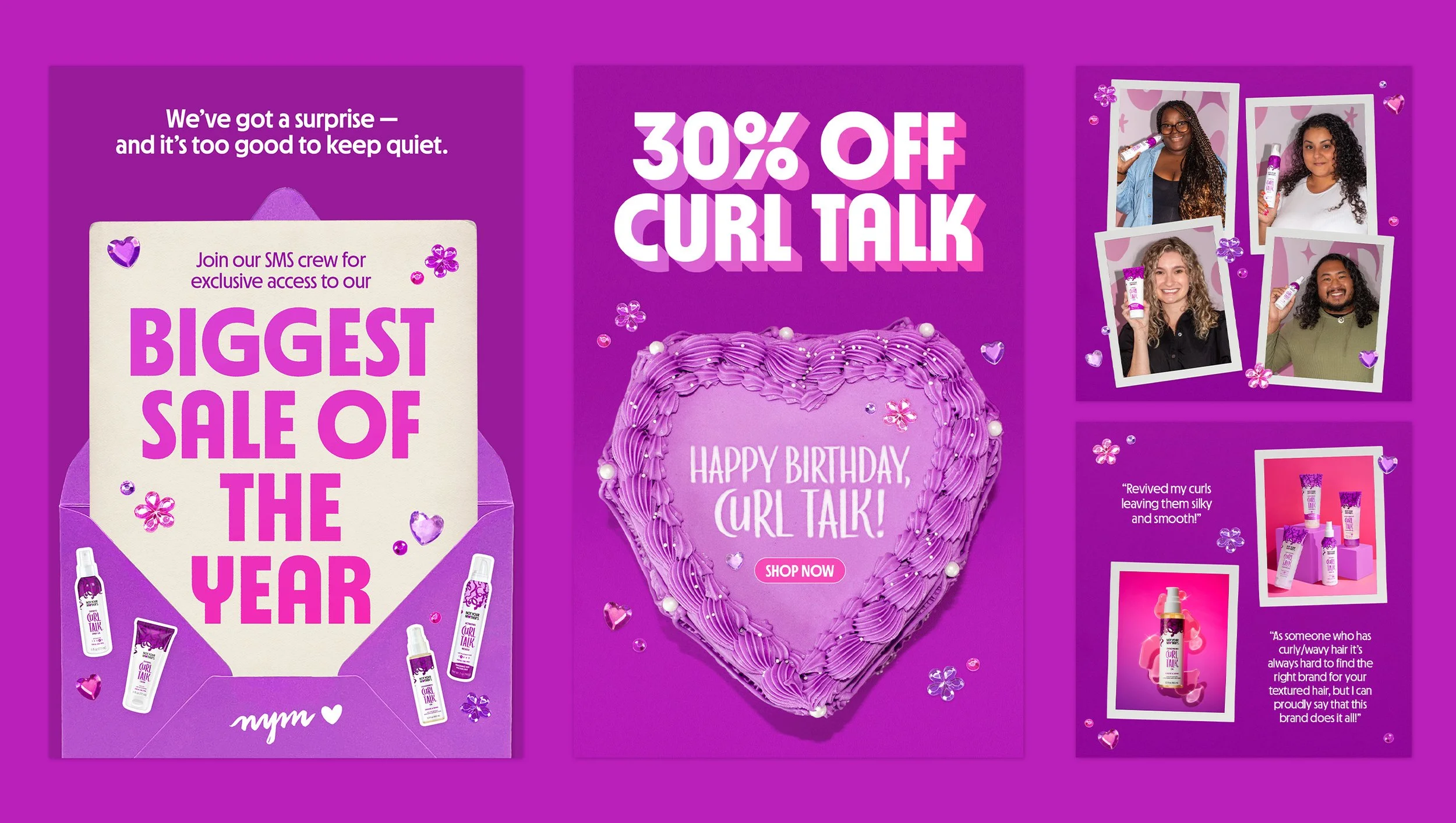 Purple-themed birthday advertisement for Curl Talk hair products. Features a birthday cake with purple frosting and white pearls, surrounded by photos of diverse women holding the products. Offers 30% off and details a sale with images of product bottles, quotes, and a call to action to join SMS for exclusive access.