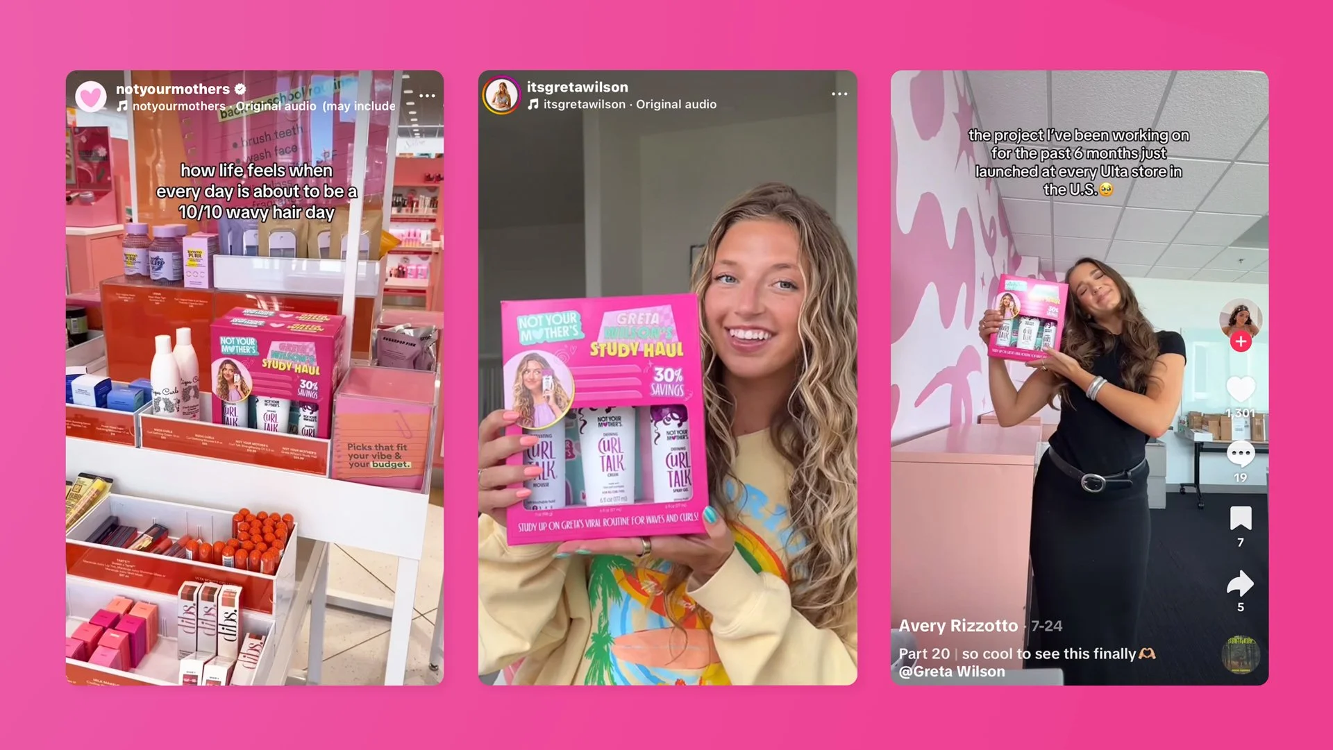 Three images with pink backgrounds featuring a woman promoting and showcasing a skincare and beauty product line at a store.
