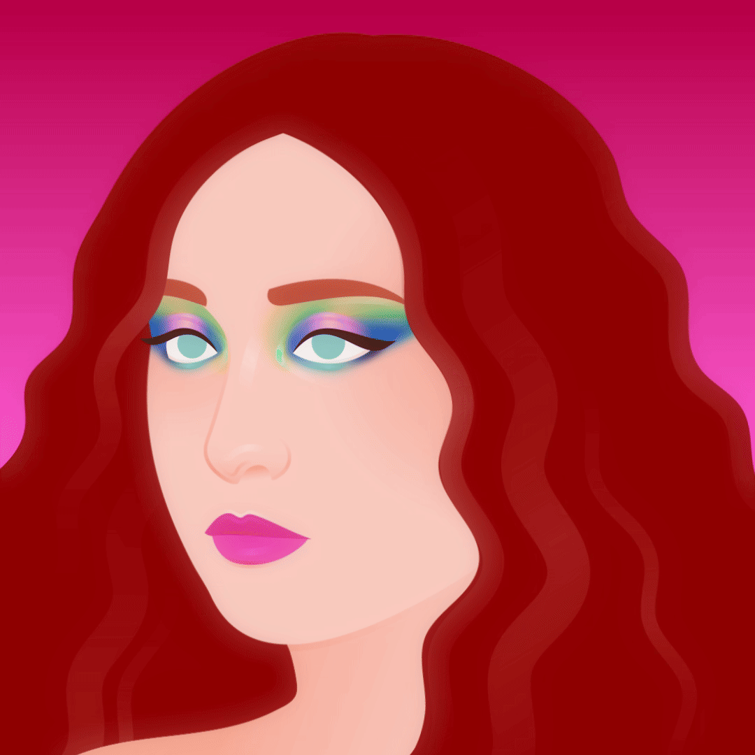 Digital illustration of a woman with long wavy red hair, vibrant eye makeup in purple, green, and blue shades, pink lipstick, and a pink background blend. Chappell Roan