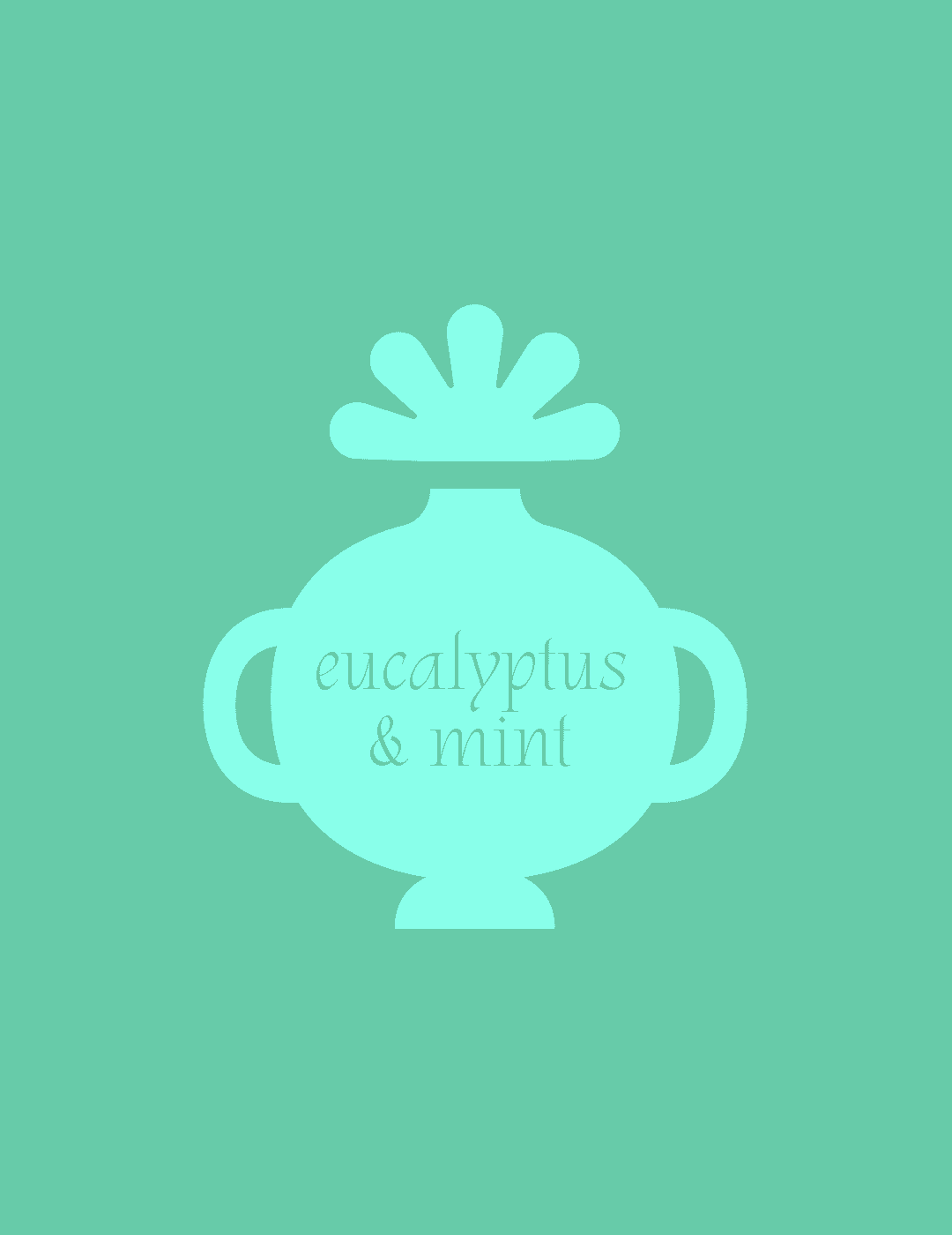 A stylized drawing of a perfume bottle labeled 'eucalyptus & mint' with a flower on top.