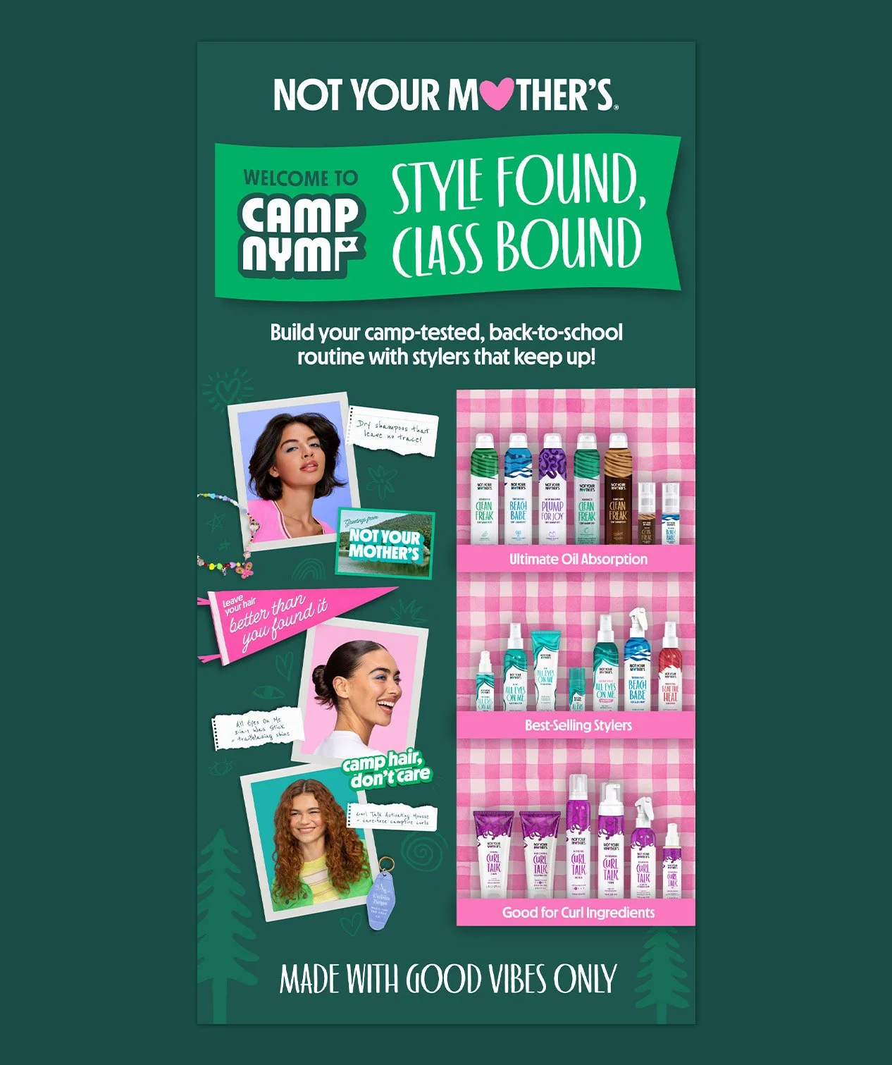 An advertisement for Not Your Mother's hair products, showcasing a variety of styling and haircare products with a back-to-school theme, featuring images of three women with different hairstyles.